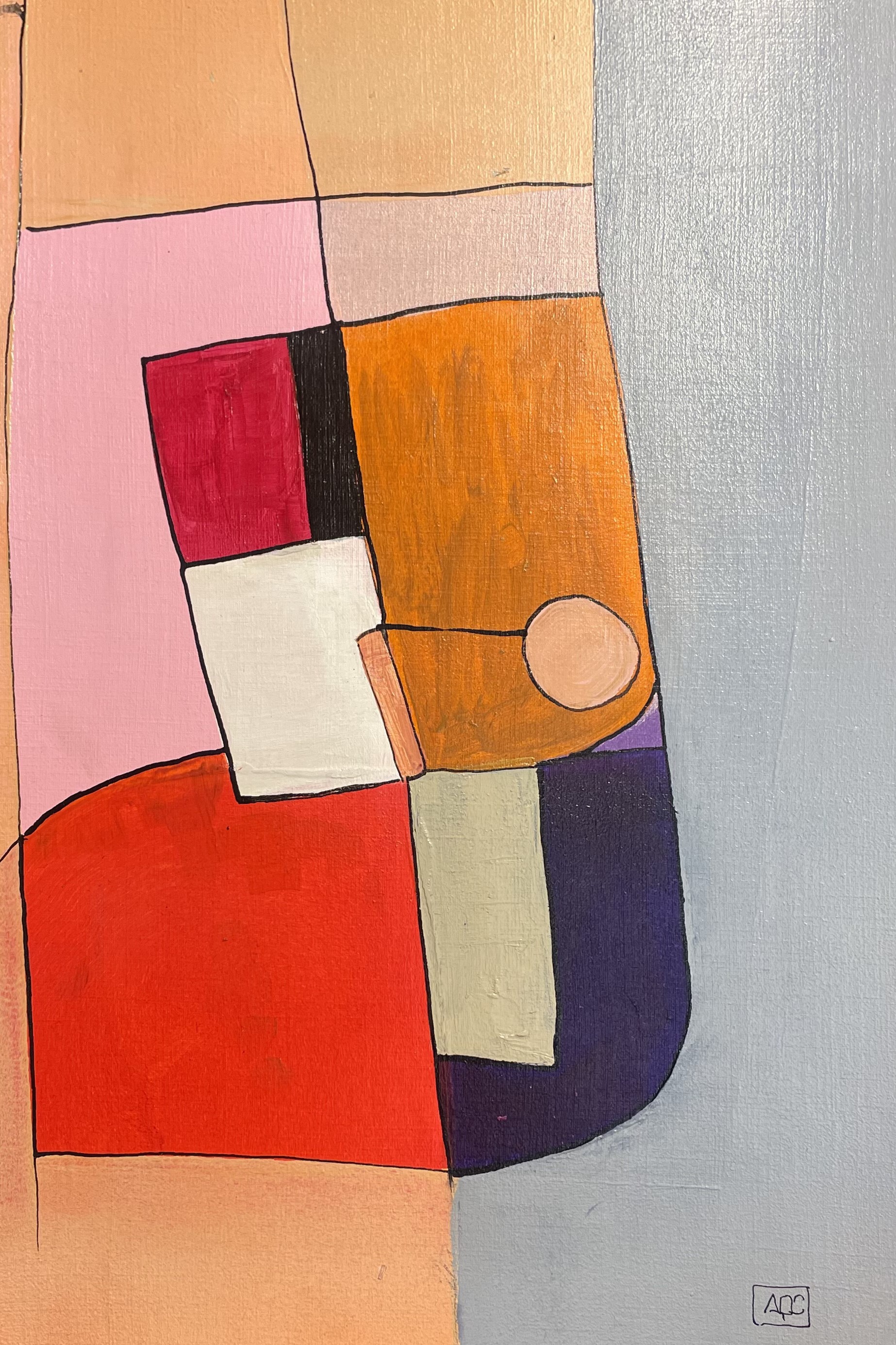 Acrylic painting with geometric color sections: orange, red, gray tones arranged in angular forms with red-violet accent
