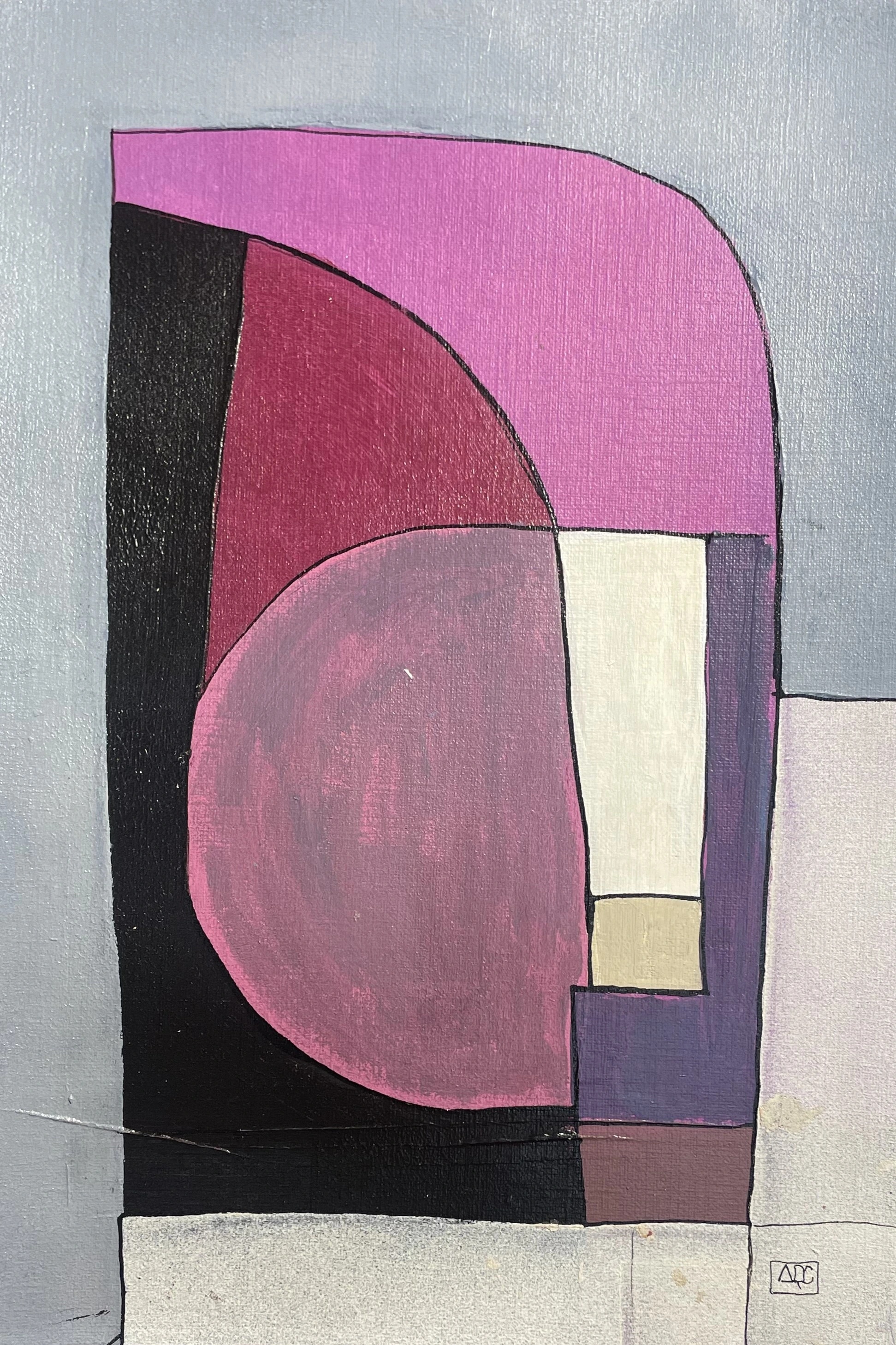 F7 by Arnaud Quercy at Art Quam Anima — Acrylic Painting on Paper, Acrylic painting with geometric color blocks in silver, red-violet, and cream tones representing F7 chord translation
