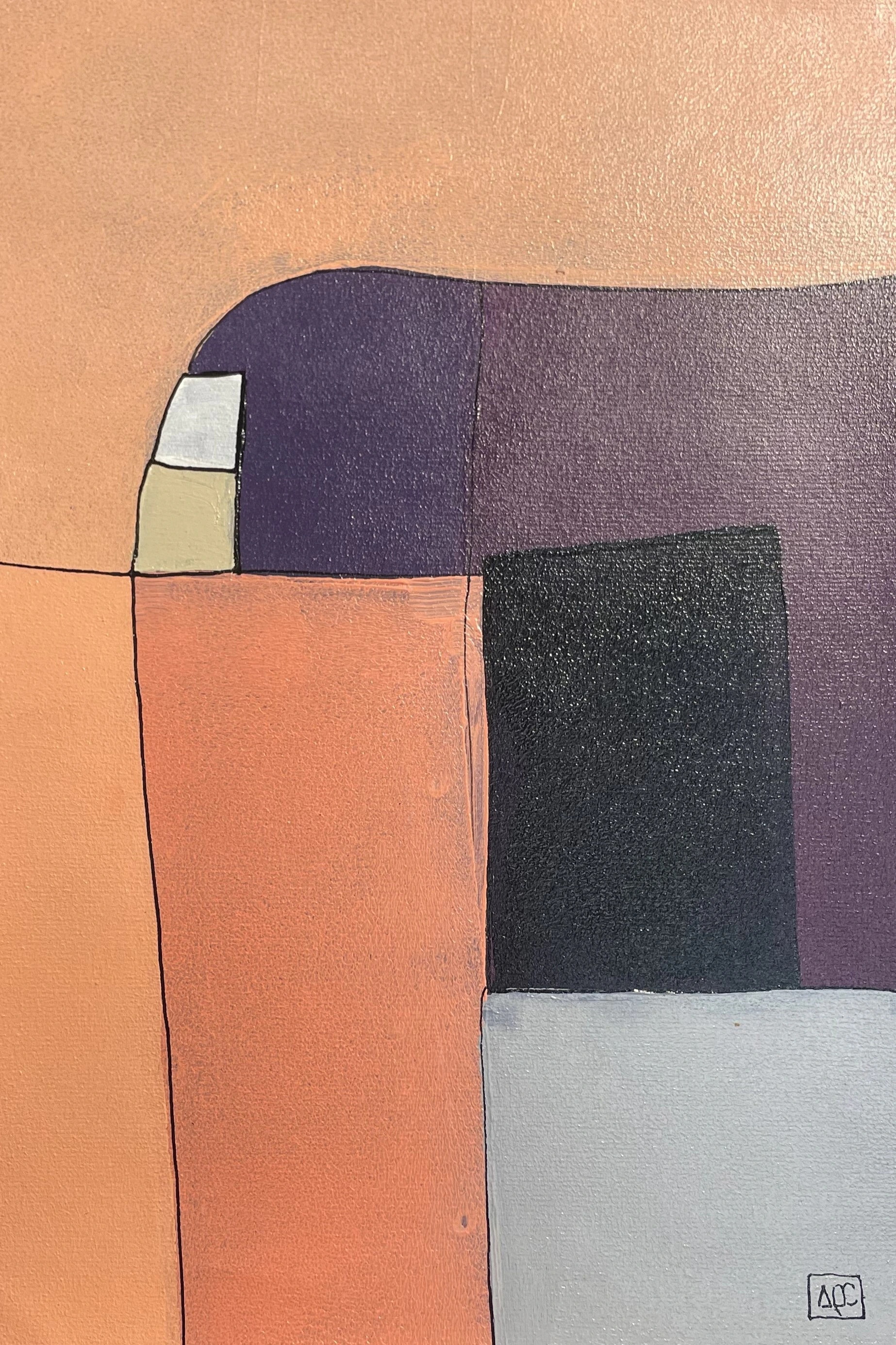 G minor 7 by Arnaud Quercy at Art Quam Anima — Acrylic Painting on Paper, Acrylic painting with orange, violet, and gray geometric forms arranged in vertical composition showing musical harmony