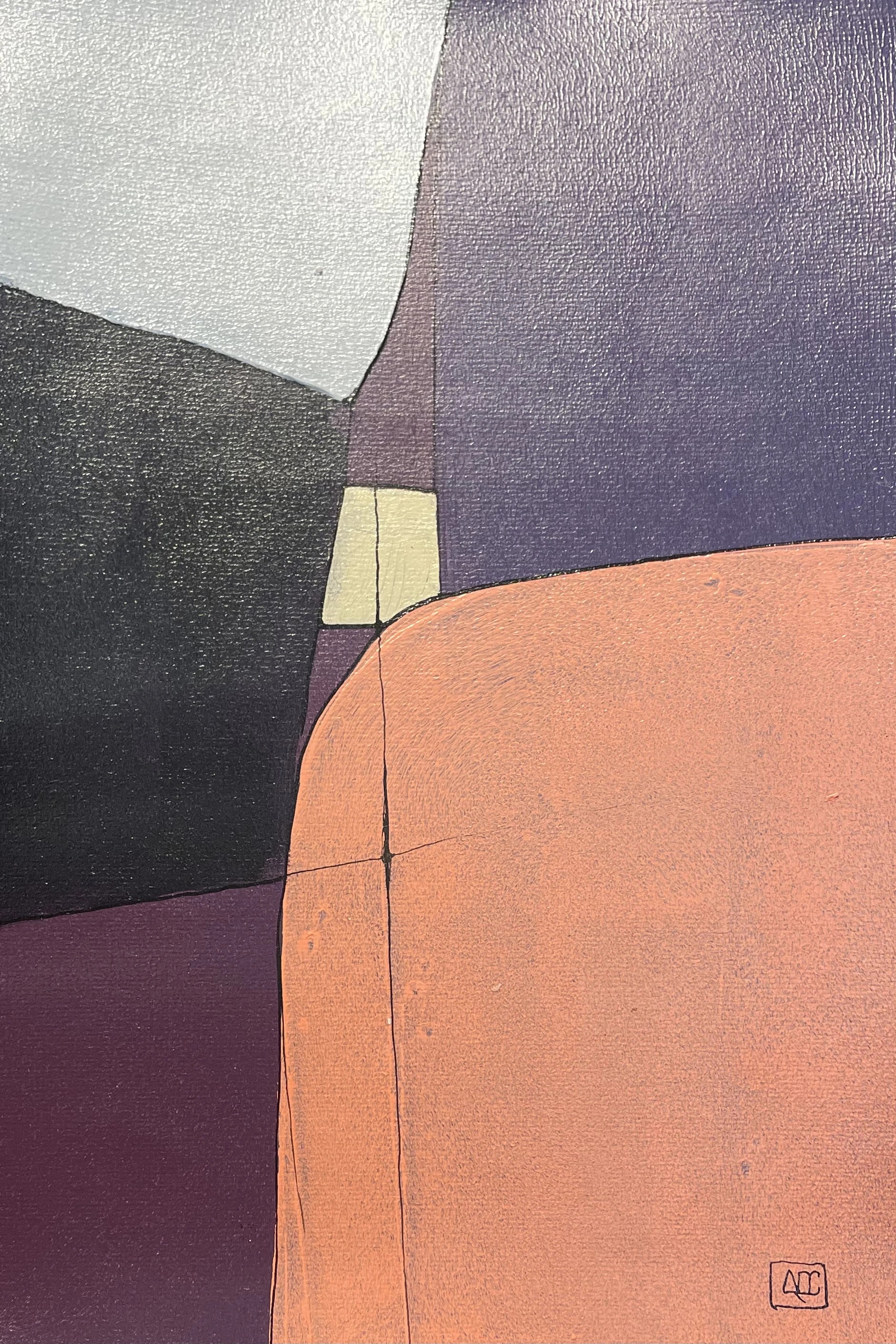 G minor 7 - Variation 2 by Arnaud Quercy at Art Quam Anima — Acrylic Painting on Paper, Acrylic painting with orange, violet, and silver color fields arranged vertically in harmonic relationships