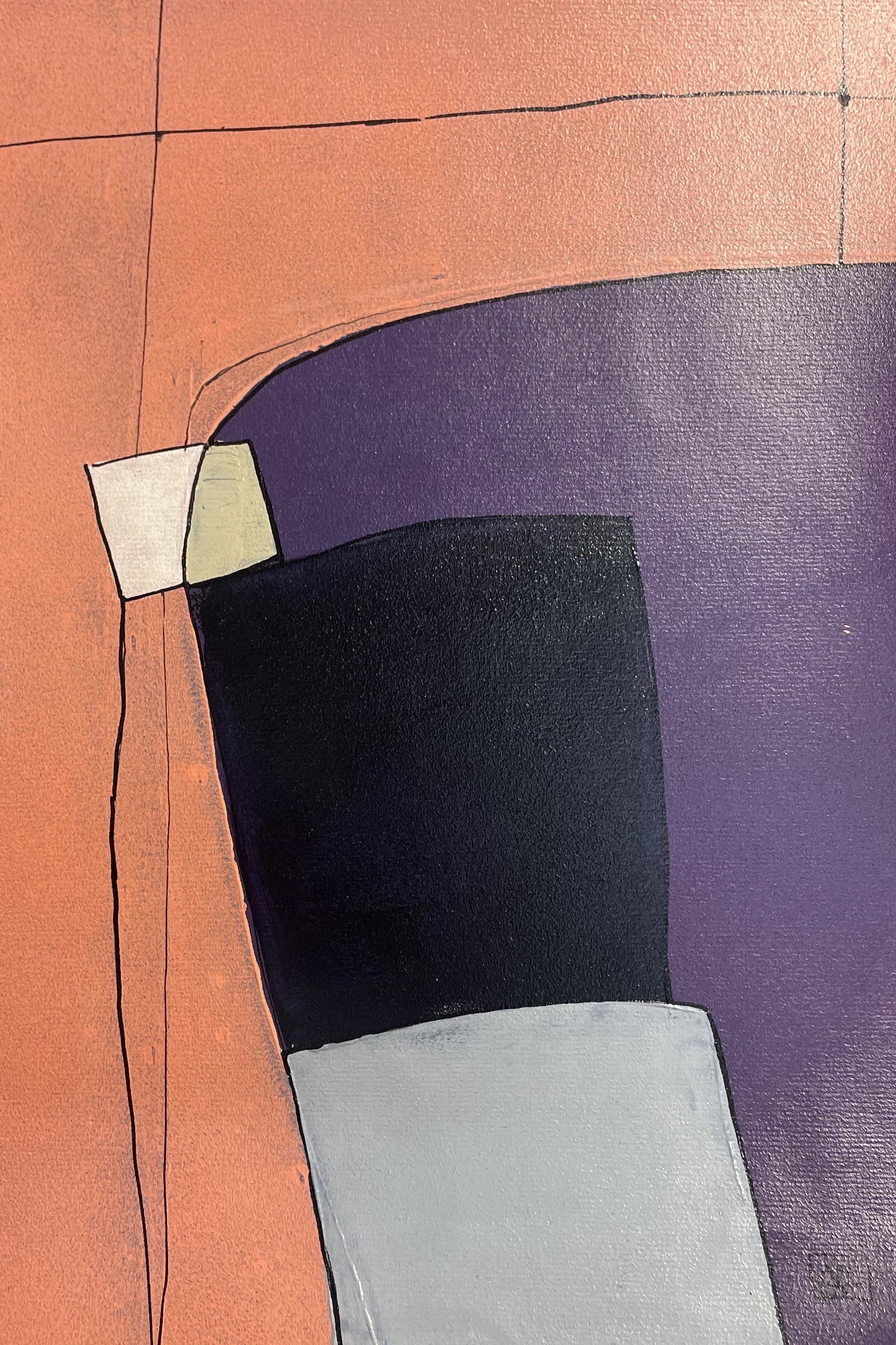G Minor - Variation 16 by Arnaud Quercy at Art Quam Anima — Acrylic Painting on Paper, Acrylic painting showing orange, violet, and silver color areas arranged in geometric forms on paper support