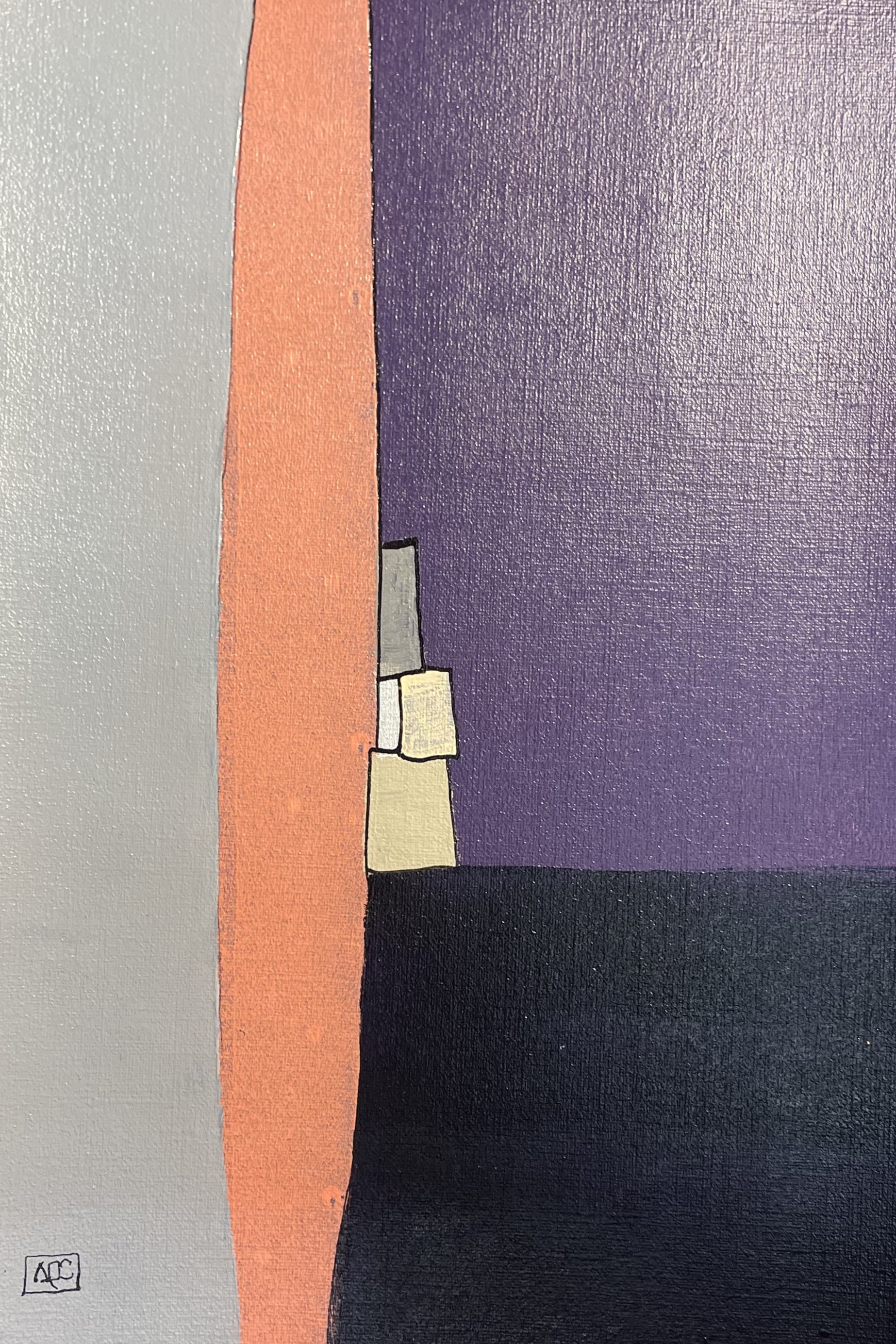 Acrylic painting with violet, gray, and orange geometric forms arranged vertically on paper
