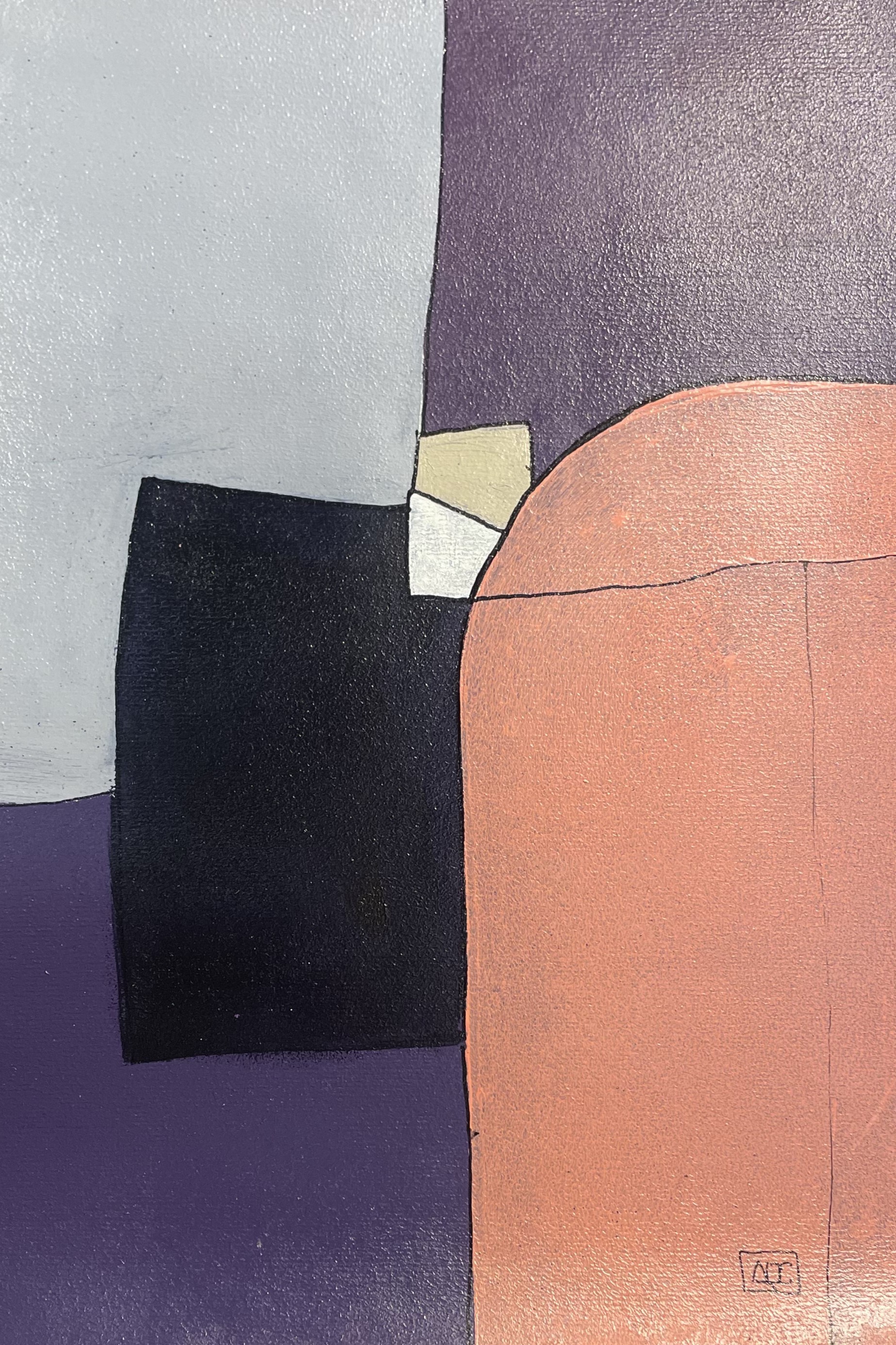 Acrylic painting: silver, violet, red-orange geometric forms arranged vertically representing G minor chord translation