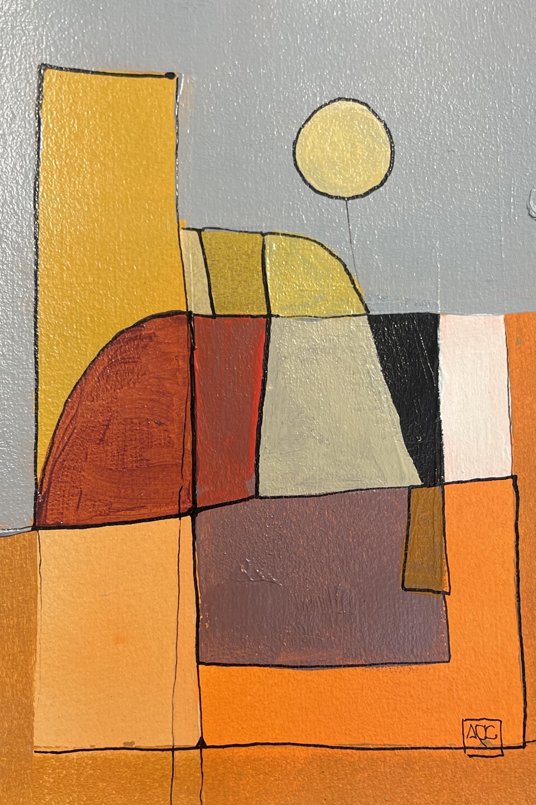 Acrylic painting with steel gray, yellow-orange, and red-orange geometric forms arranged in chromesthetic musical mapping