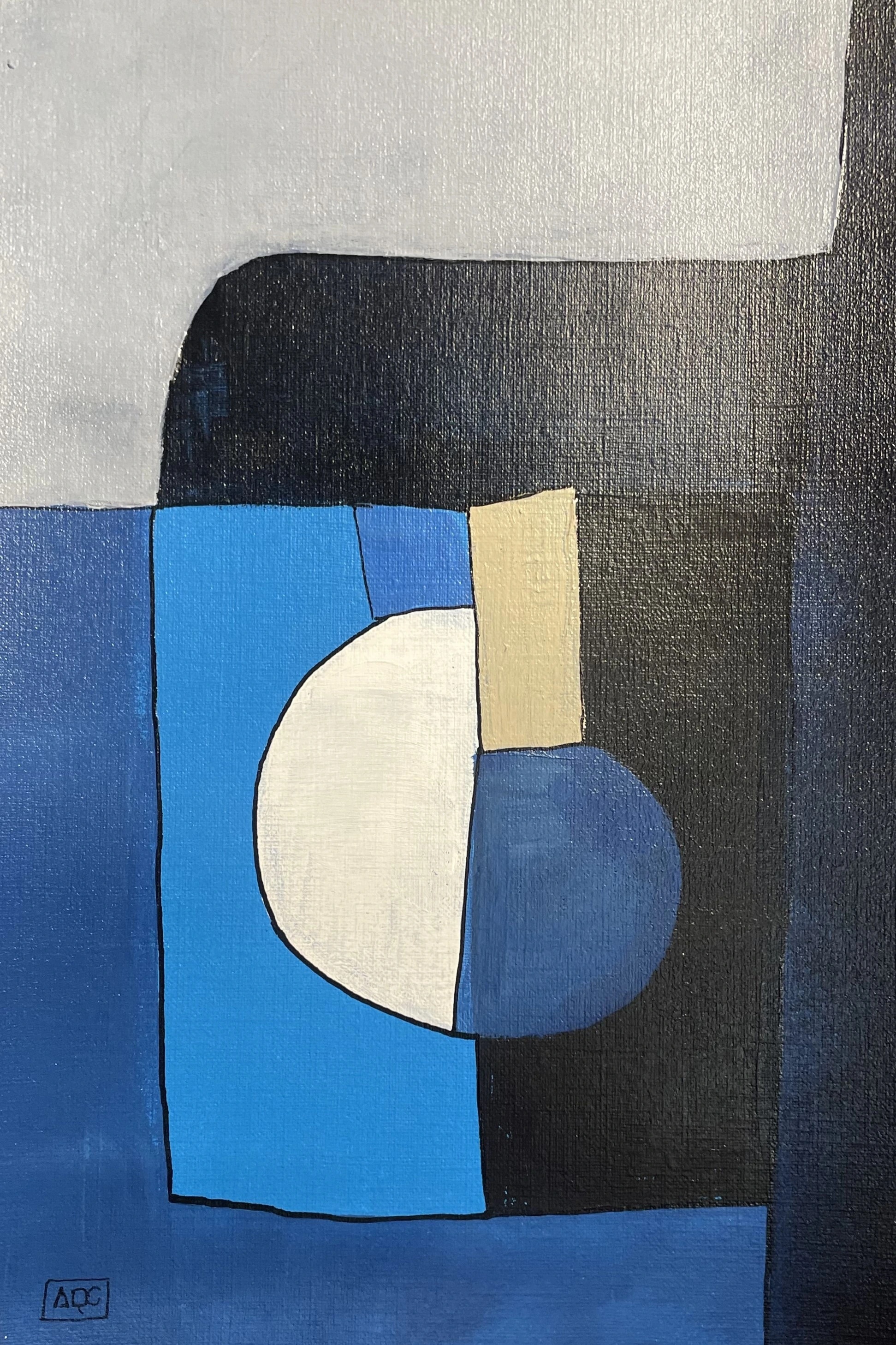 Tritone (Eb, A) by Arnaud Quercy at Art Quam Anima — Acrylic Painting on Paper, Acrylic painting with silver, blue-violet, and gray geometric forms arranged in harmonic color relationships