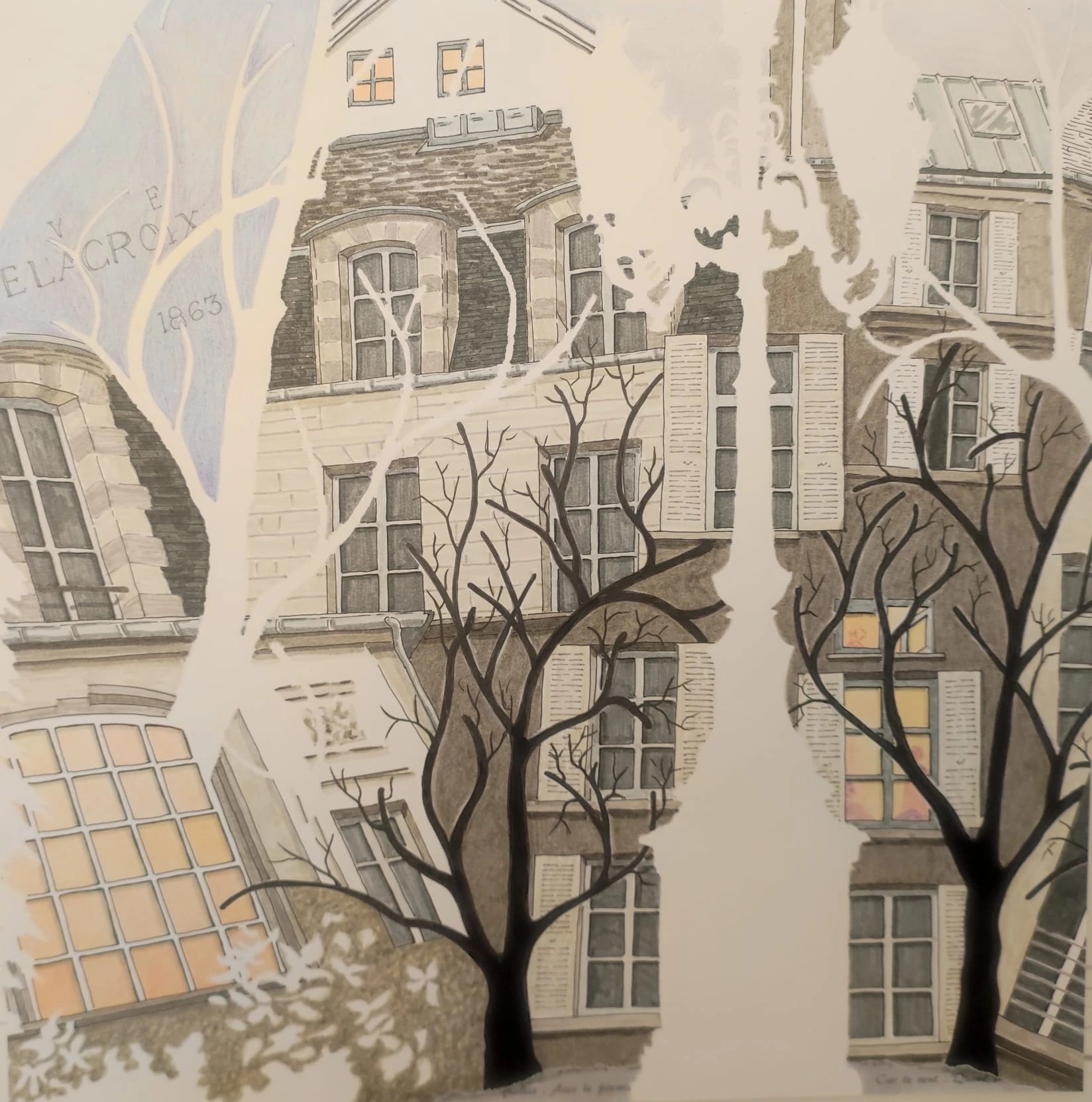 La rue de Fustemberg - Juillet 2024 by Caroline Lopez at Art Quam Anima — Ink Painting on Paper, Ink drawing on paper: bare plane trees frame Haussmannian stone facades with warm window light and historical lettering, Paris 2024