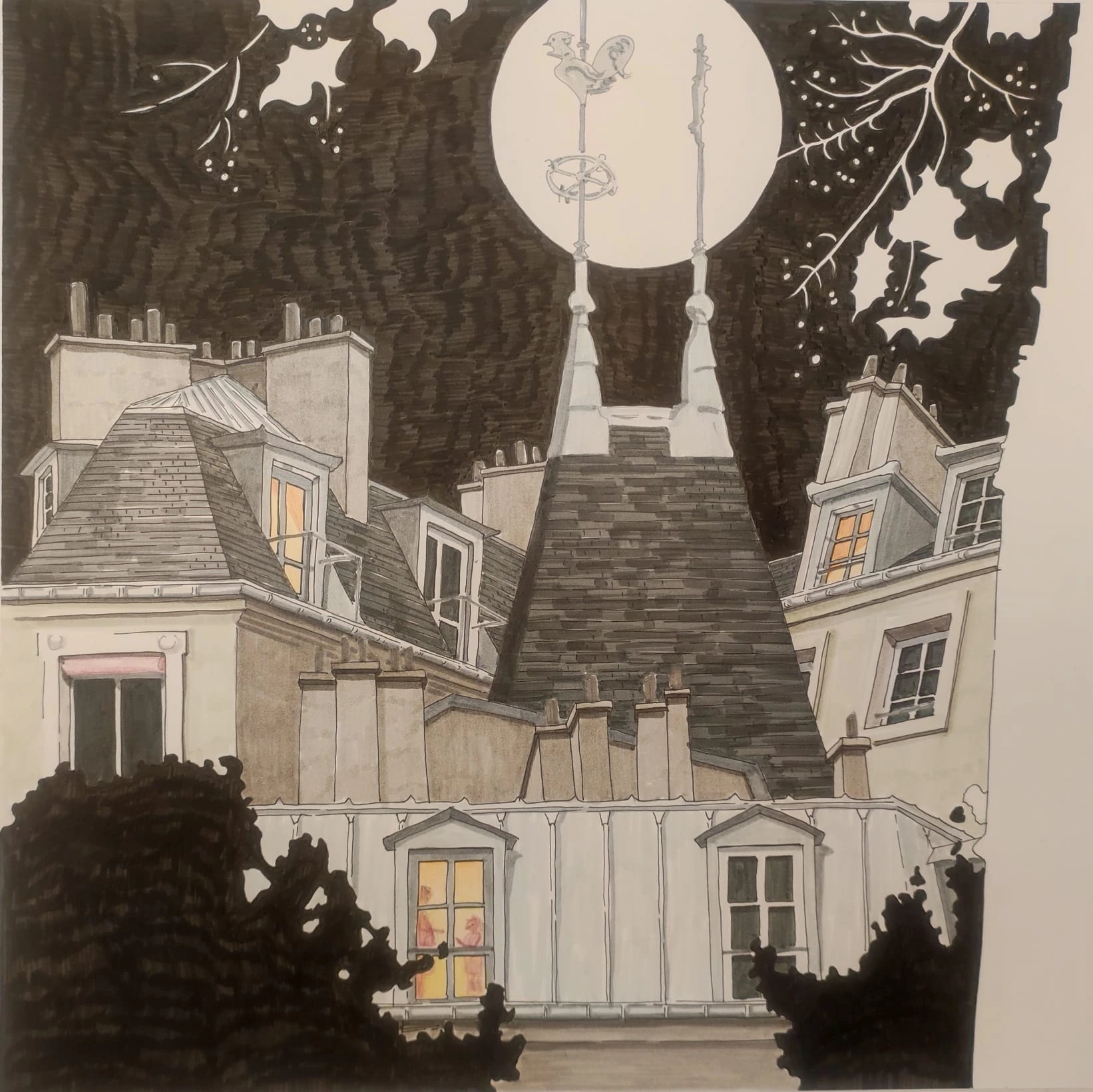 Le Coq de St Menard - Janvier 2025 by Caroline Lopez at Art Quam Anima — Ink Painting on Paper, Ink drawing of Paris rooftops at night: church spire with rooster weather vane against a full moon, Haussmann facades and bare branches.
