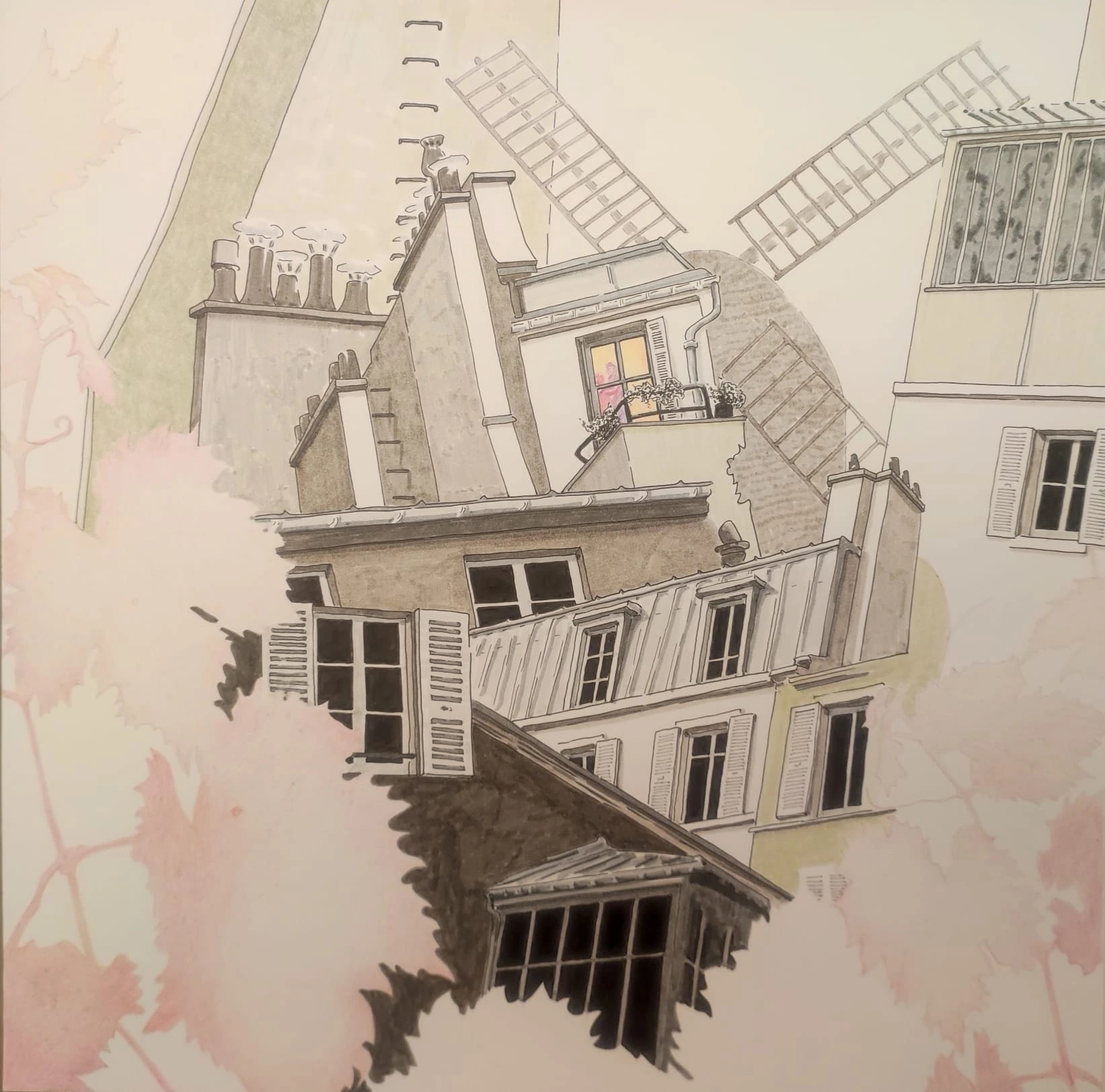 Le Moulin de l'atelier de montmartre - Juillet 2019 by Caroline Lopez at Art Quam Anima — Ink Painting on Paper, Ink and watercolor drawing of tilted Montmartre rooftops with windmill, muted pinks and creams, precise architectural linework