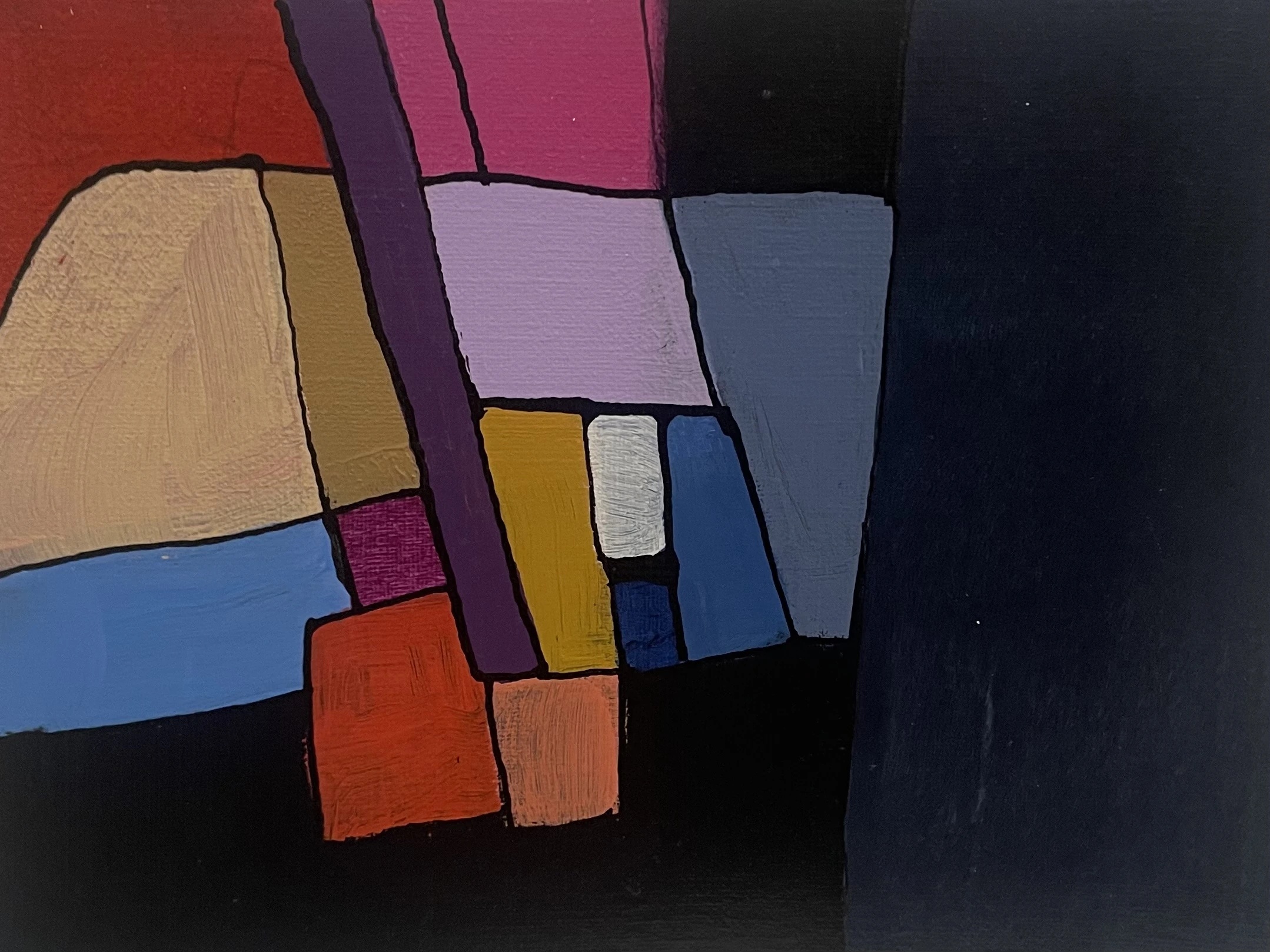 10 boulevard Montmartre - Paris 9, 23h40 by Arnaud Quercy at Art Quam Anima — Acrylic Painting on Paper, Abstract acrylic of the Théâtre des Variétés at night — tan, magenta, purple, orange, blue and grey edging into black.