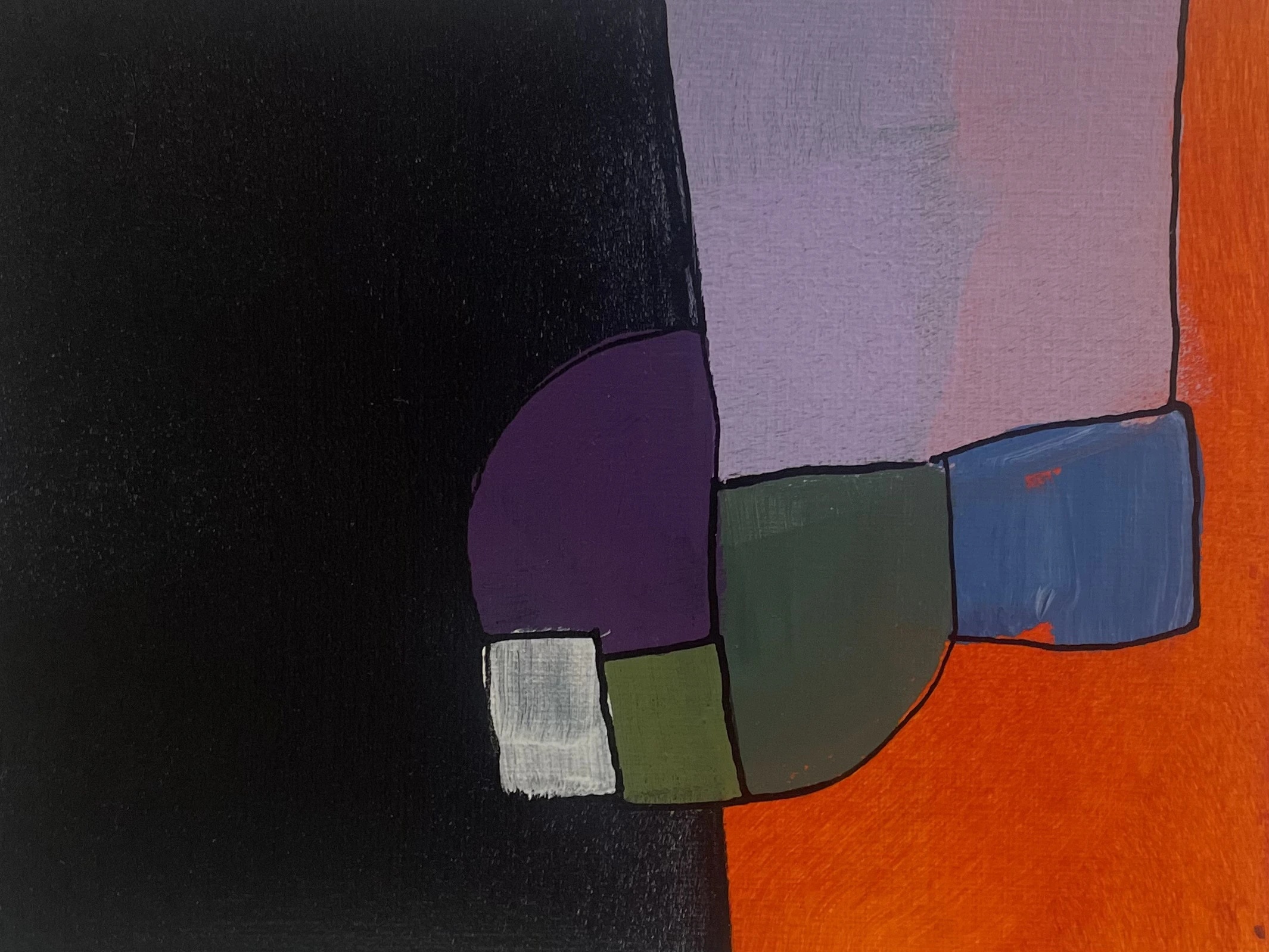 2 place des Victoires - Paris 1, 01h40 by Arnaud Quercy at Art Quam Anima — Acrylic Painting on Paper, Abstract acrylic: a broad red-orange form turning past blue and navy with a grey disc — Place des Victoires.