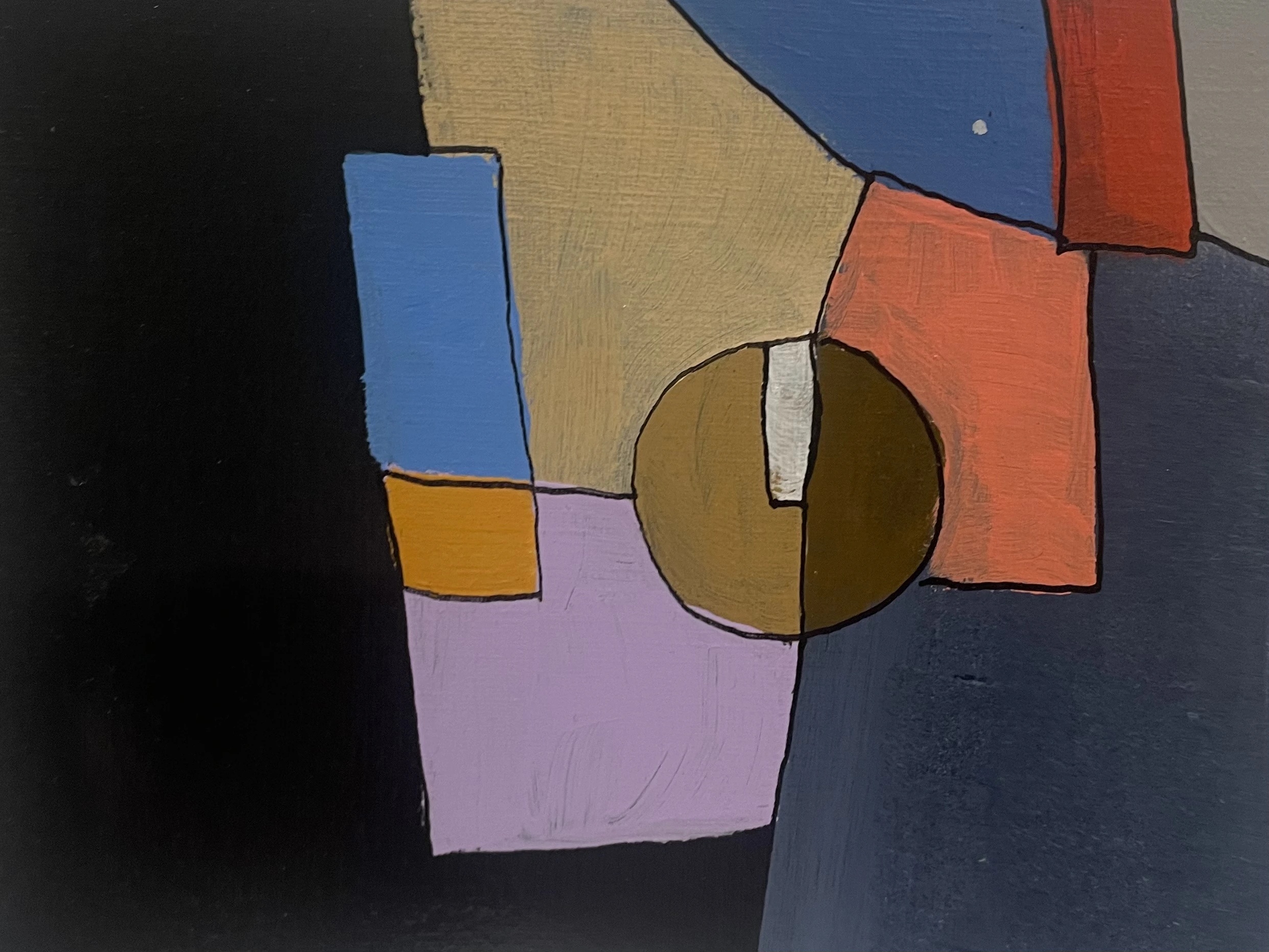 4 place de la Sorbonne - Paris 5, 10h20 by Arnaud Quercy at Art Quam Anima — Acrylic Painting on Paper, Abstract acrylic of the Place de la Sorbonne at 10:20 AM in navy and gold with blue, orange, lavender and an ochre disc.
