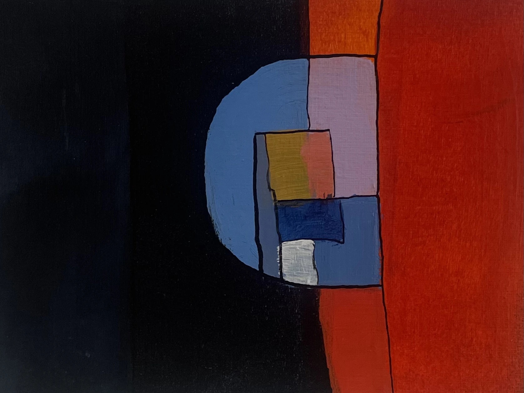 Hôtel de Toulouse - Paris 1, 02h00 by Arnaud Quercy at Art Quam Anima — Acrylic Painting on Paper, Abstract acrylic: blue disc and teal floating over red and deep shadow with a single white square — Hôtel de Toulouse.