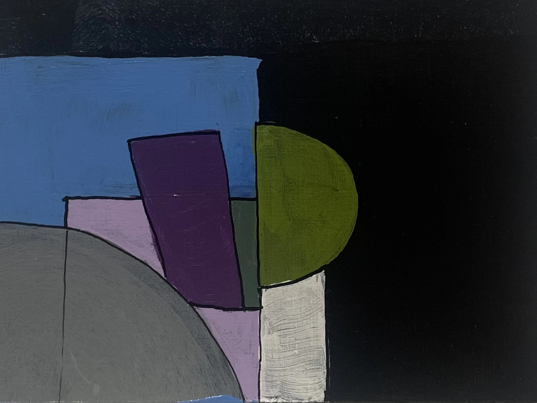 Quartier de l'Europe, rue de Naples - Paris 8, 21h20 by Arnaud Quercy at Art Quam Anima — Acrylic Painting on Paper, Abstract acrylic of the rue de Naples at night — blue, purple, lavender, a green half-disc and a grey circle, quiet streets.