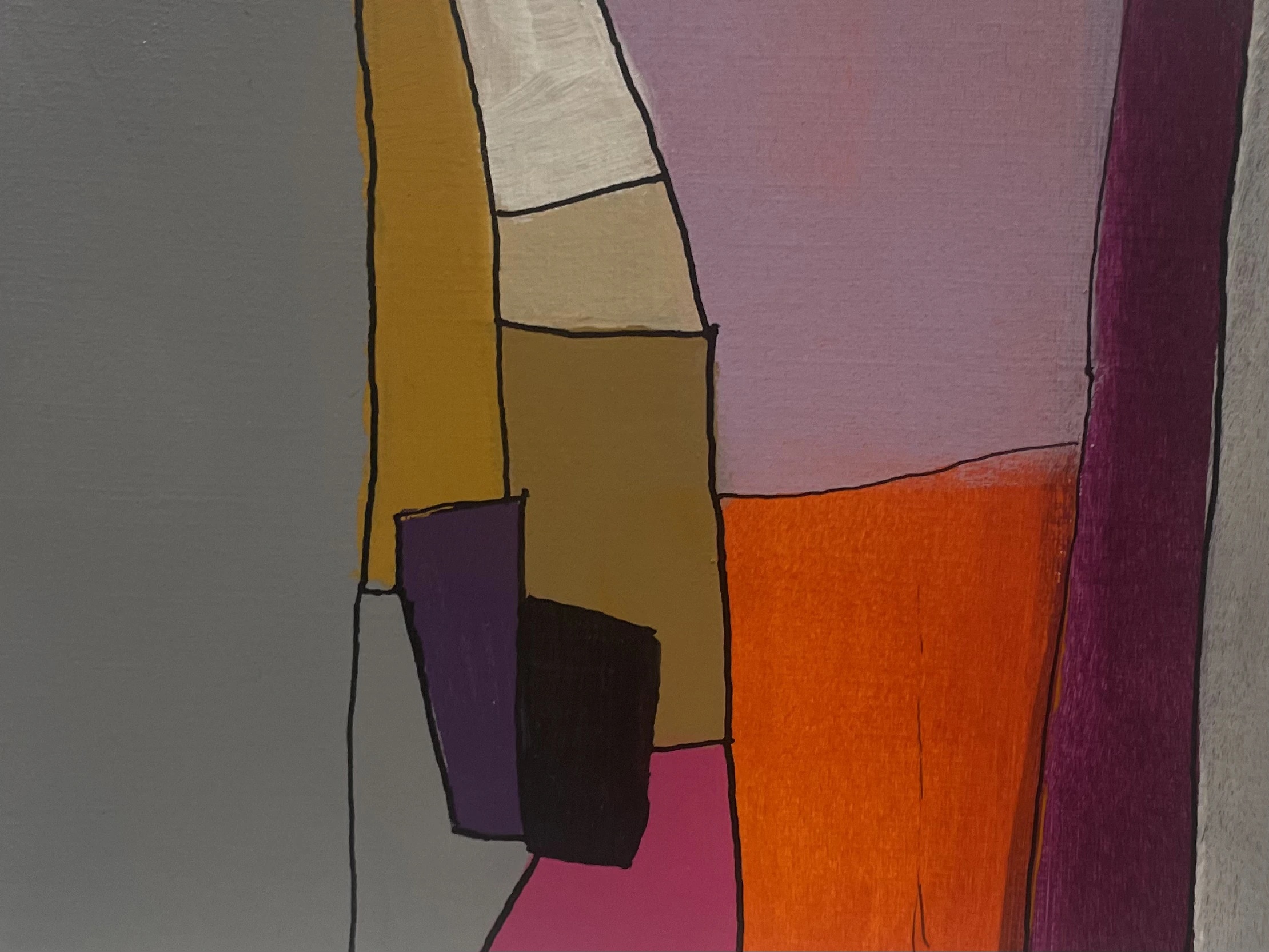 Rue de Grenelle - Paris 7, 14h40 by Arnaud Quercy at Art Quam Anima — Acrylic Painting on Paper, Abstract acrylic of rue de Grenelle at twenty to three — ochre, purple, a black block, orange, grey and pink, the residential hush of the 7th arrondissement.