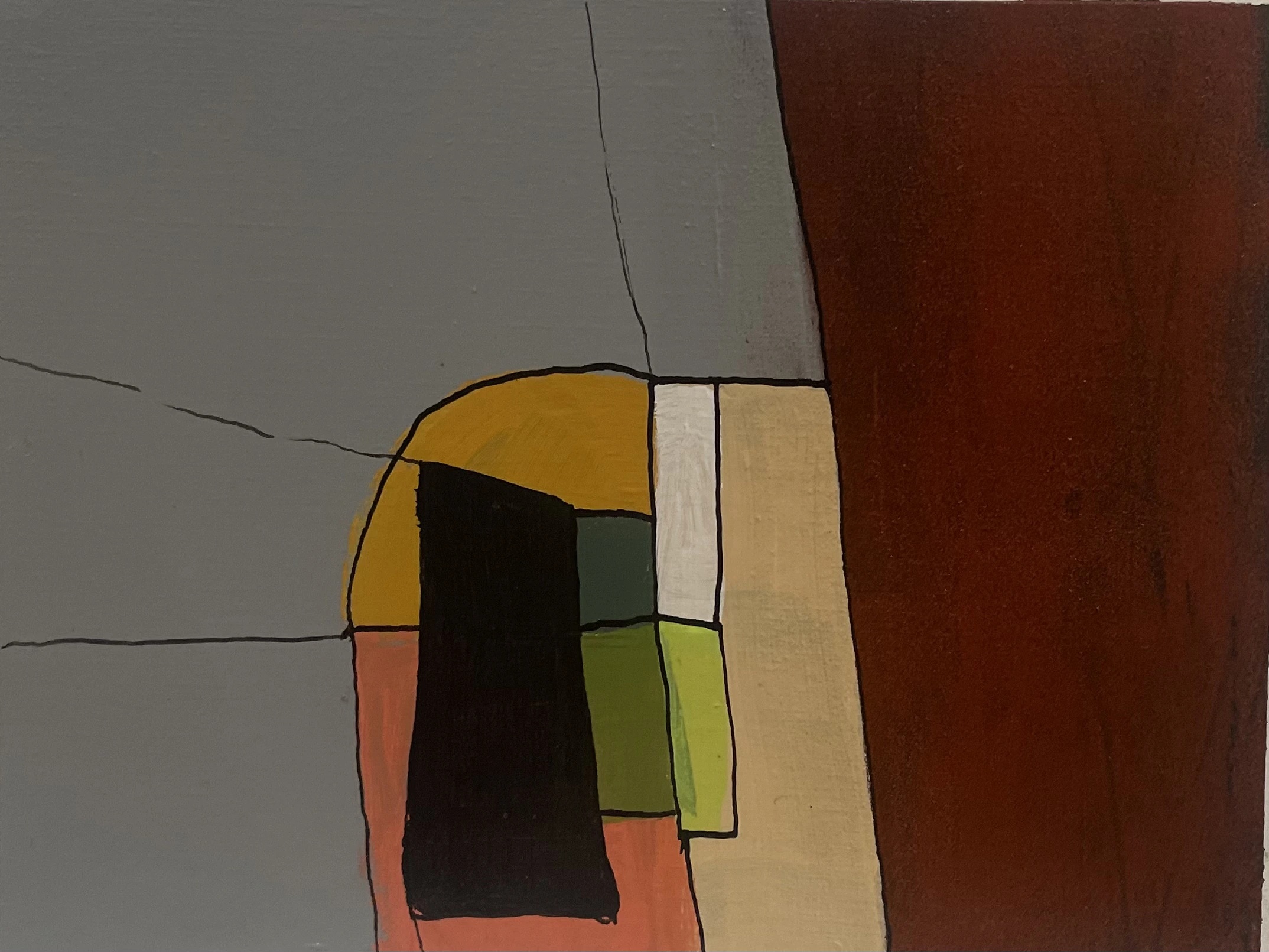 Rue de Médicis, face au Luxembourg - Paris 6, 12h40 by Arnaud Quercy at Art Quam Anima — Acrylic Painting on Paper, Abstract acrylic painting of the rue de Médicis at 12:40 by the Luxembourg, a golden arc and black with olive and coral on grey.
