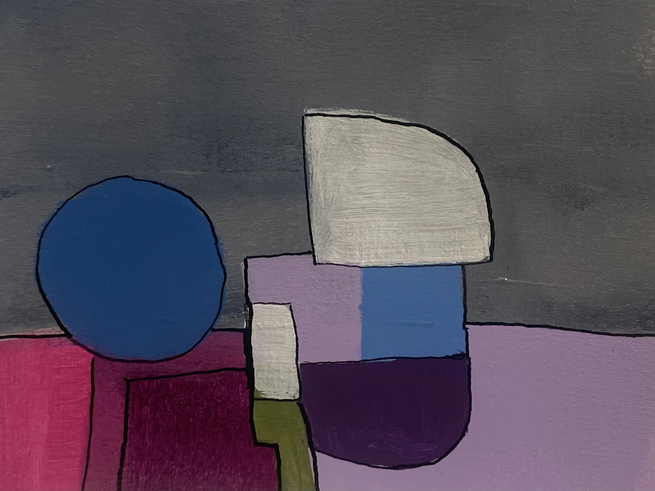 Rue des Barres - Paris 4, 08h00 by Arnaud Quercy at Art Quam Anima — Acrylic Painting on Paper, Abstract acrylic painting with a blue disc, magenta and lavender and a pale upright on grey, evoking rue des Barres in early light.