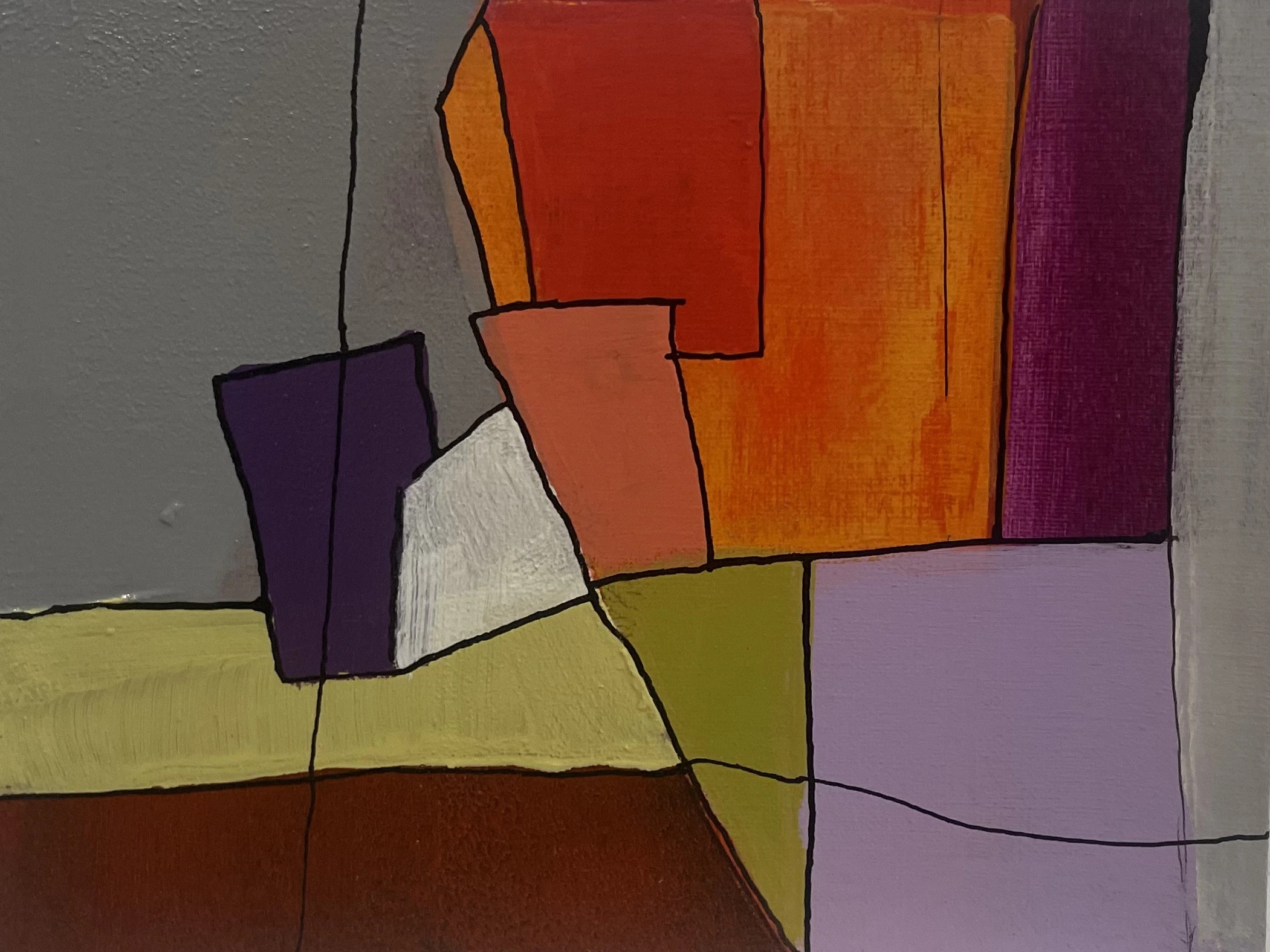 Rue du Bac - Paris 7, 15h00 by Arnaud Quercy at Art Quam Anima — Acrylic Painting on Paper, Abstract acrylic of a café on rue du Bac at three — grey, purple, olive, orange and lavender over brown, a chic Left-Bank afternoon near the Carré Rive Gauche.