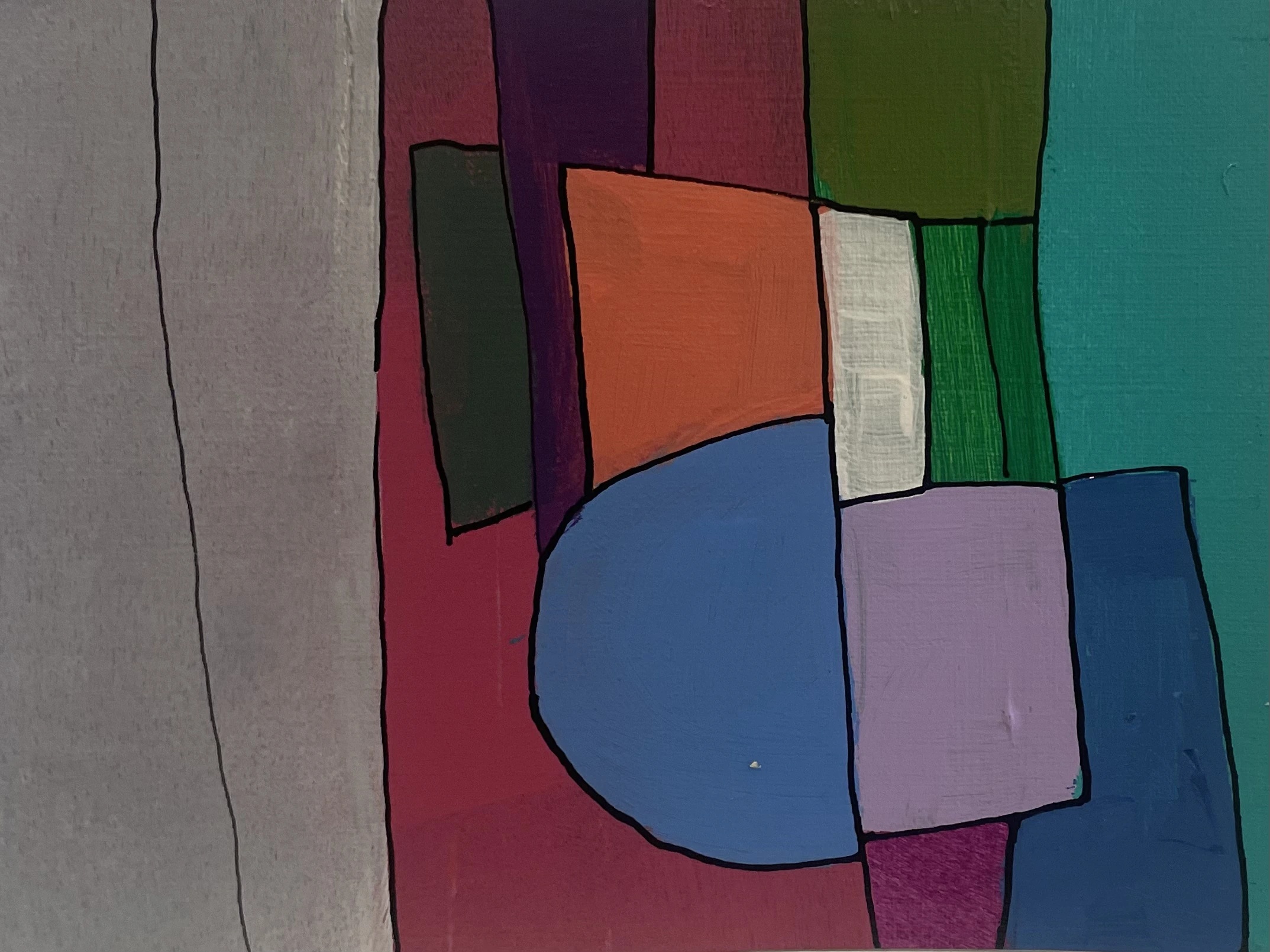 Rue Mallet-Stevens — ensemble Art déco - Paris 16, 17h20 by Arnaud Quercy at Art Quam Anima — Acrylic Painting on Paper, Abstract acrylic painting in grey, magenta, olive, orange, a blue arc, lavender and a white square evoking the Modernist rue Mallet-Stevens at twenty past five.