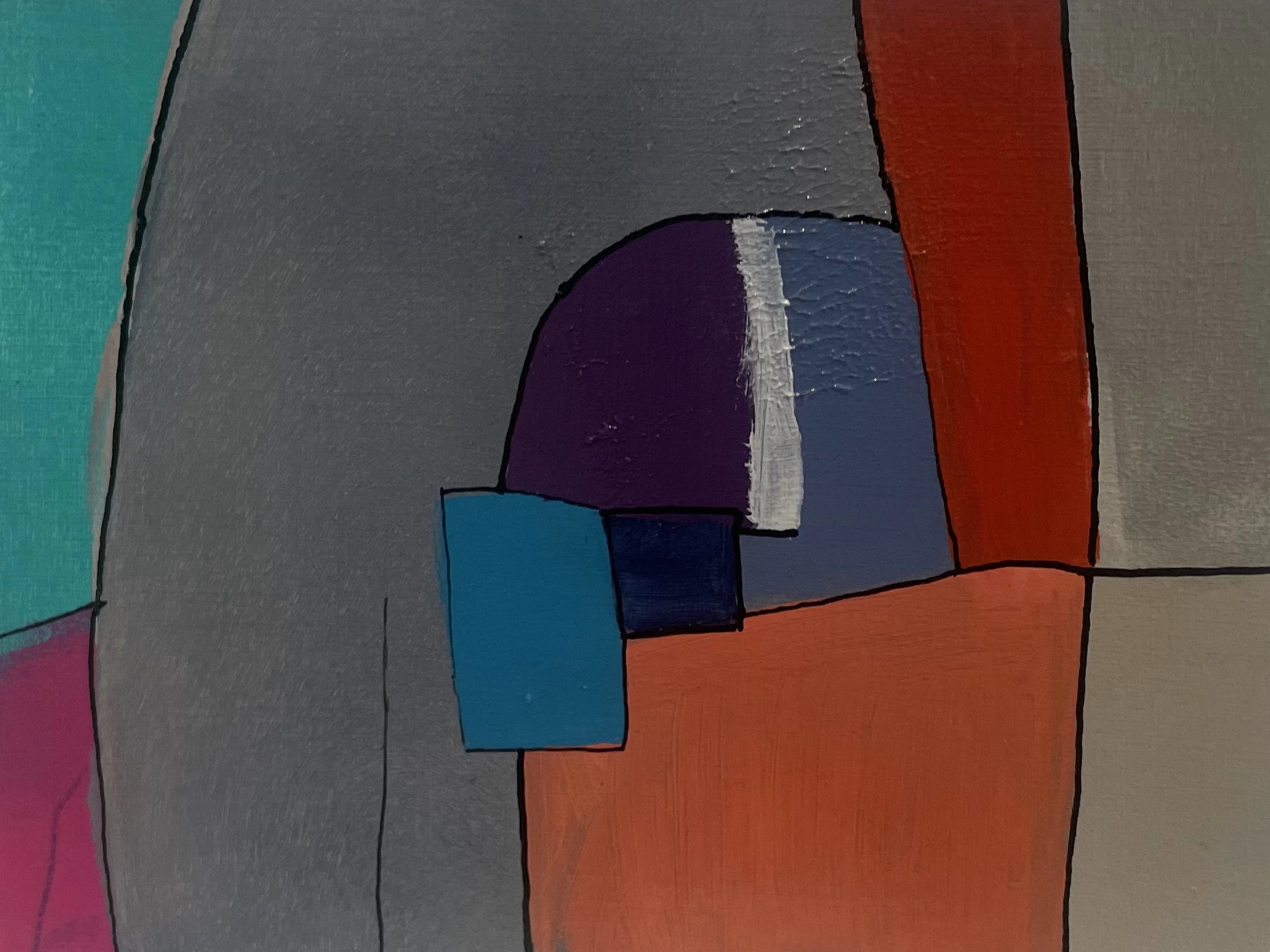 Square du Temple - Paris 3, 06h00 by Arnaud Quercy at Art Quam Anima — Acrylic Painting on Paper, Abstract acrylic painting of the Square du Temple at dawn: a broad grey disc, a purple block, blue and red-orange, railings at dawn.