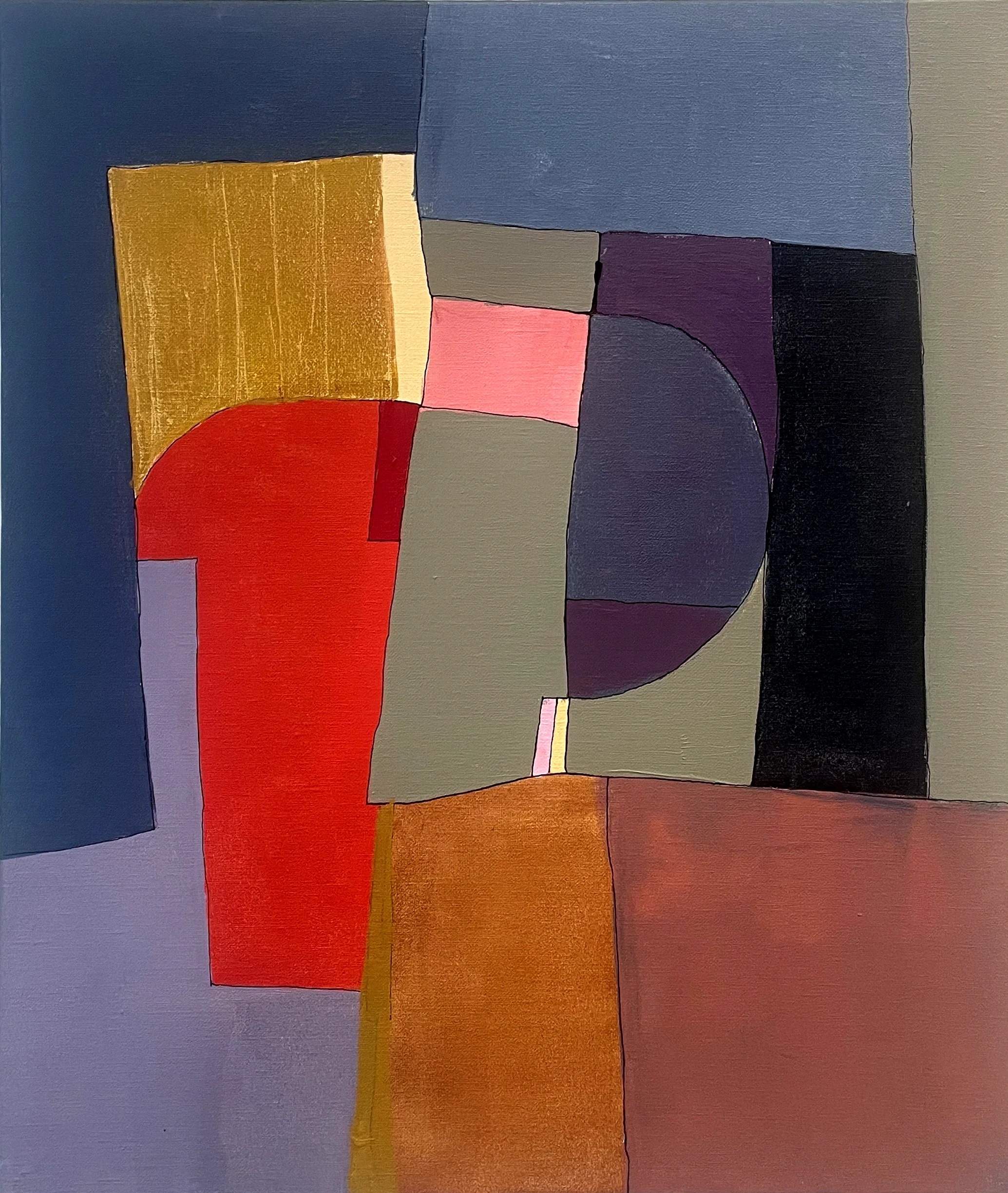 F Major - Variations 14 by Arnaud Quercy at Art Quam Anima — Acrylic Painting on Linen Canvas, Acrylic painting: geometric color blocks in blue-violet, deep red, orange, and near-black on linen canvas, with one curved arc.