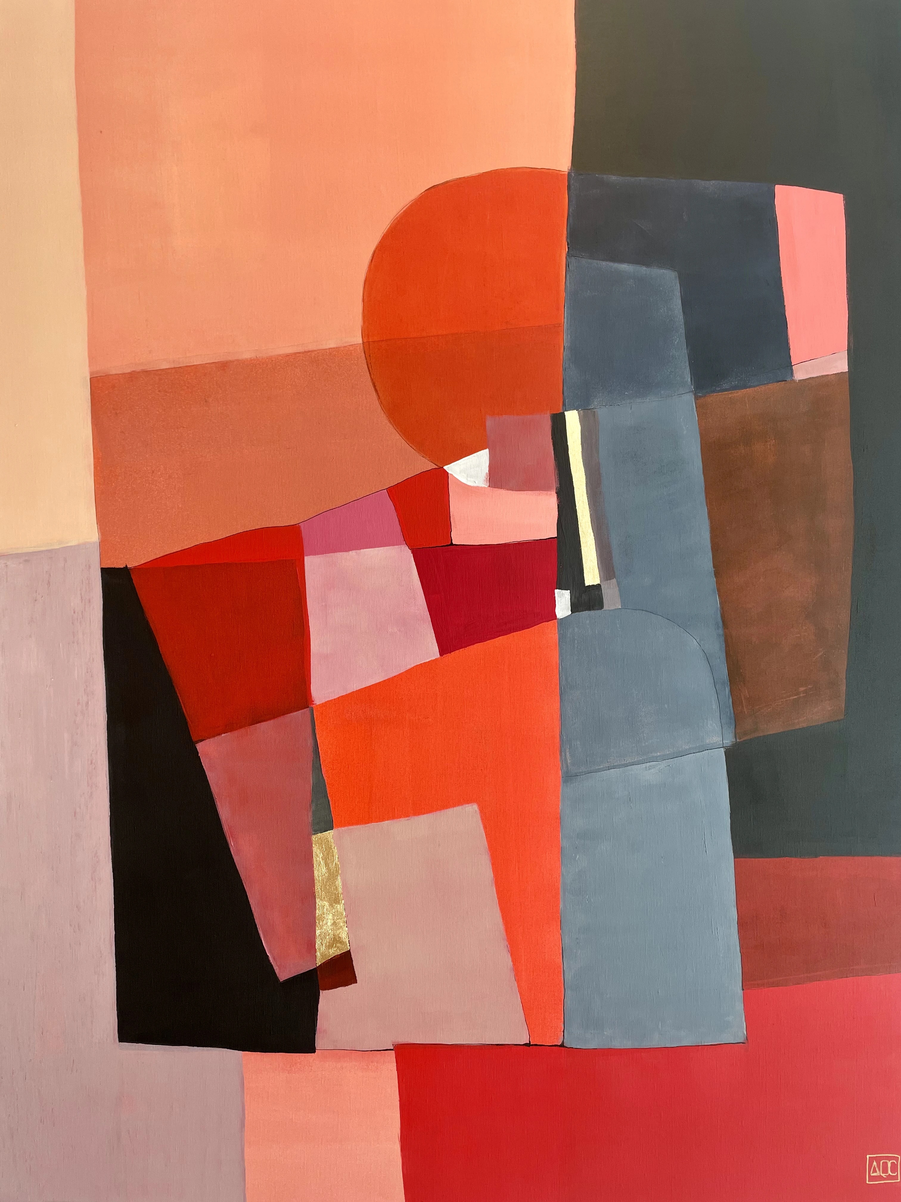 Sometimes Ago - C Major by Arnaud Quercy at Art Quam Anima — Acrylic Painting on Linen Canvas, Large acrylic painting: red, orange-red, and crimson geometric planes with a cool blue-gray column on the right and black vertical accents.
