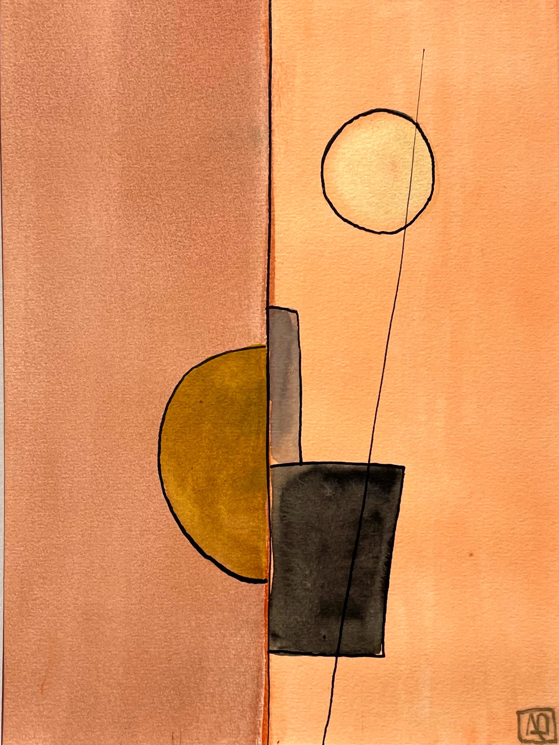 Watercolor Study in C Major No. 2 by Arnaud Quercy at Art Quam Anima — Watercolor Painting on Paper, Watercolor geometric abstraction: warm orange fields, gray vertical rectangle, dark square base, golden half-circle, black line detail on paper