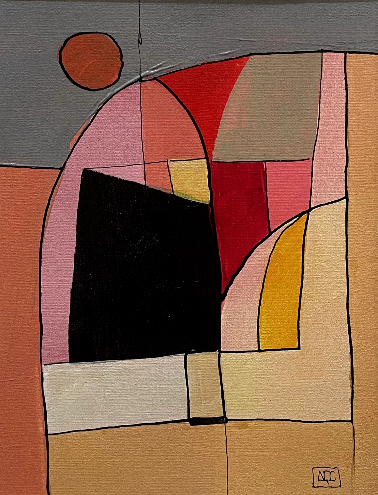 A Minor - Variations 14 by Arnaud Quercy at Art Quam Anima — Acrylic Painting on Paper, Acrylic on paper: geometric color fields in yellow-orange, black, red, and gray, divided by black outlines into arched and rectangular zones.