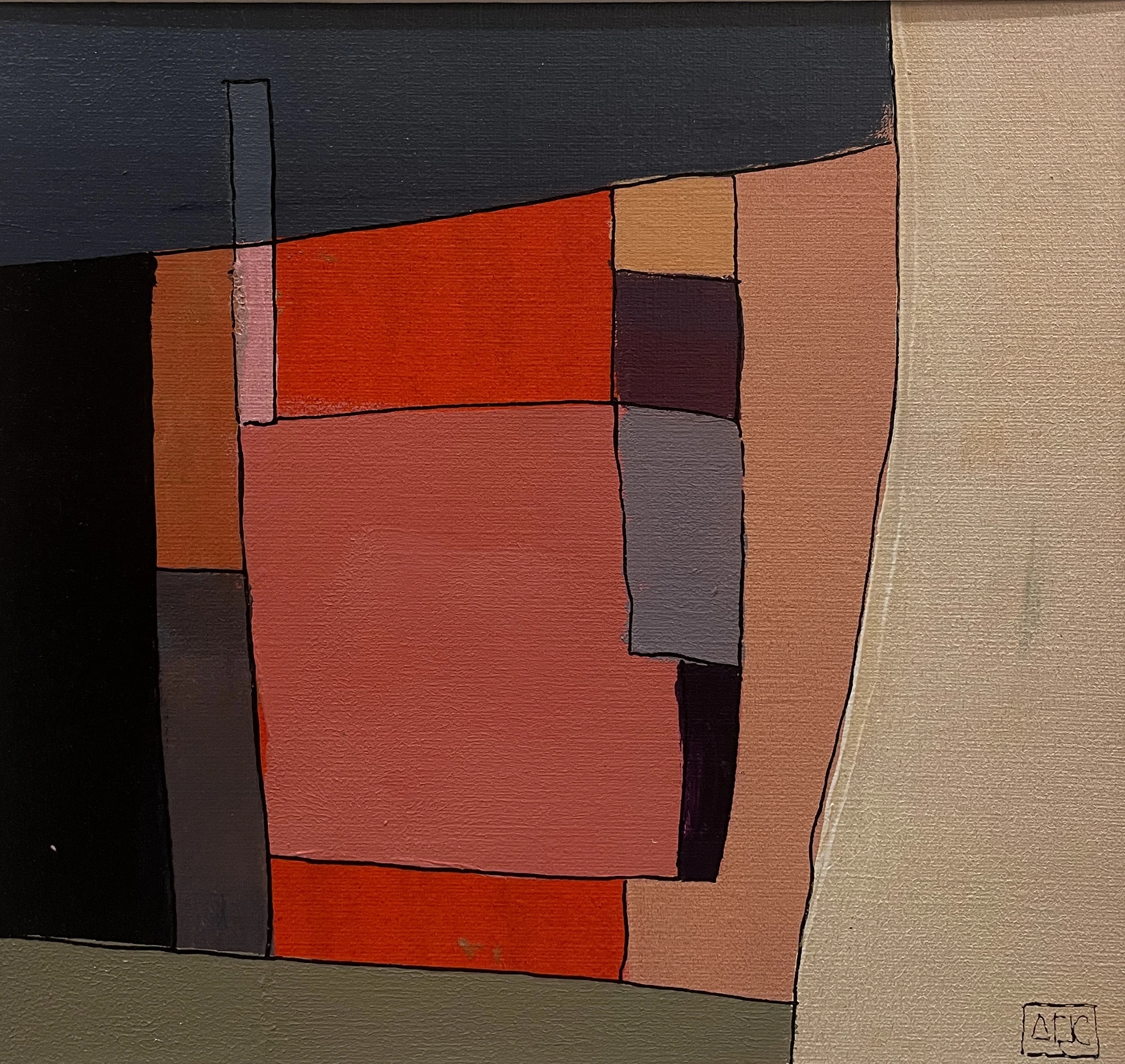 Ab7#11 - Variations 1 by Arnaud Quercy at Art Quam Anima — Acrylic Painting on Paper, Acrylic on paper: flat geometric color blocks in tan, red-orange, near-black, and gray-blue, square format