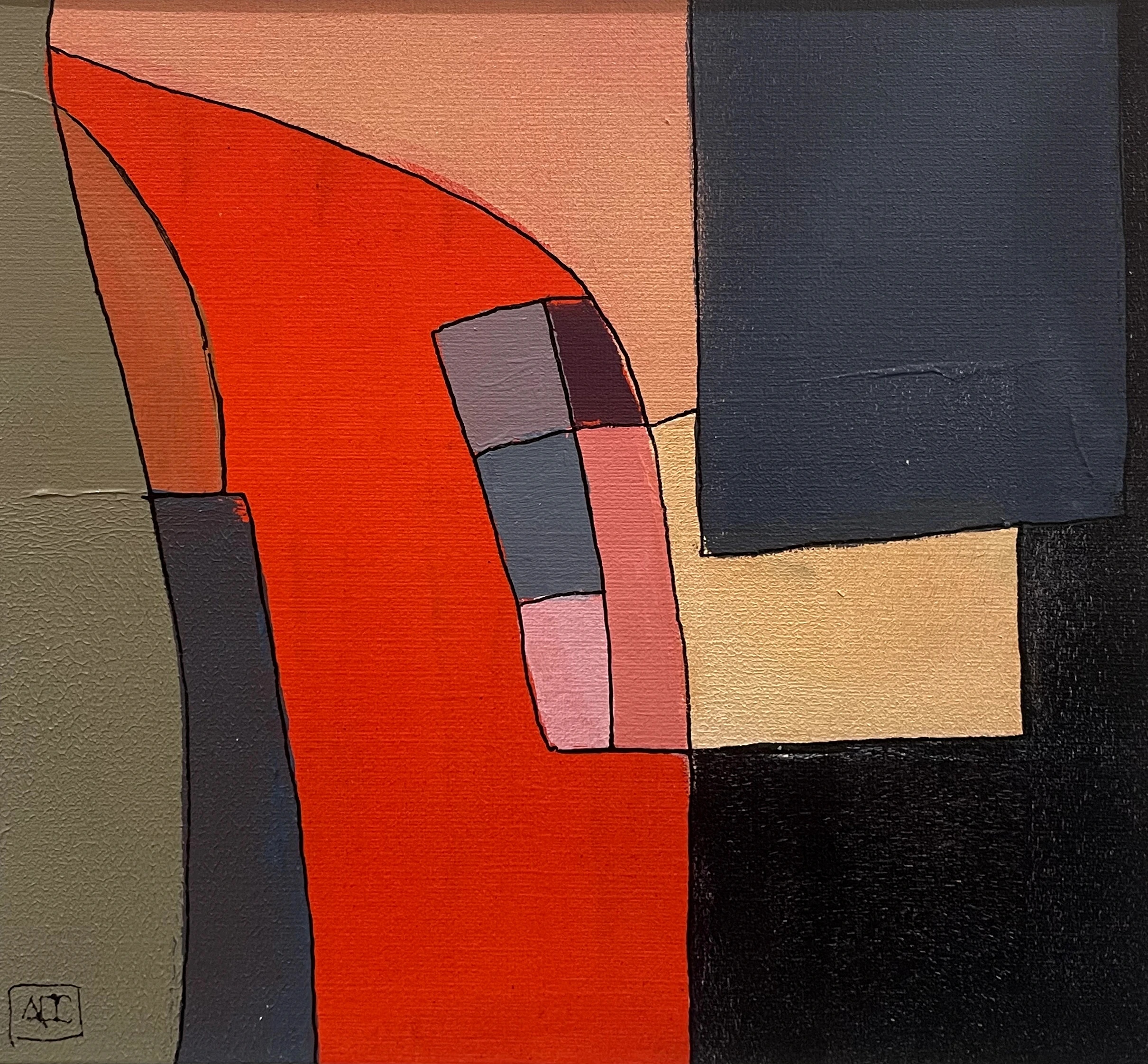 Ab7#11 - Variations 2 by Arnaud Quercy at Art Quam Anima — Acrylic Painting on Paper, Acrylic painting on paper: red-orange, dark blue-gray, sandy, and blue-violet geometric zones mapping Ab7#11 chord tones