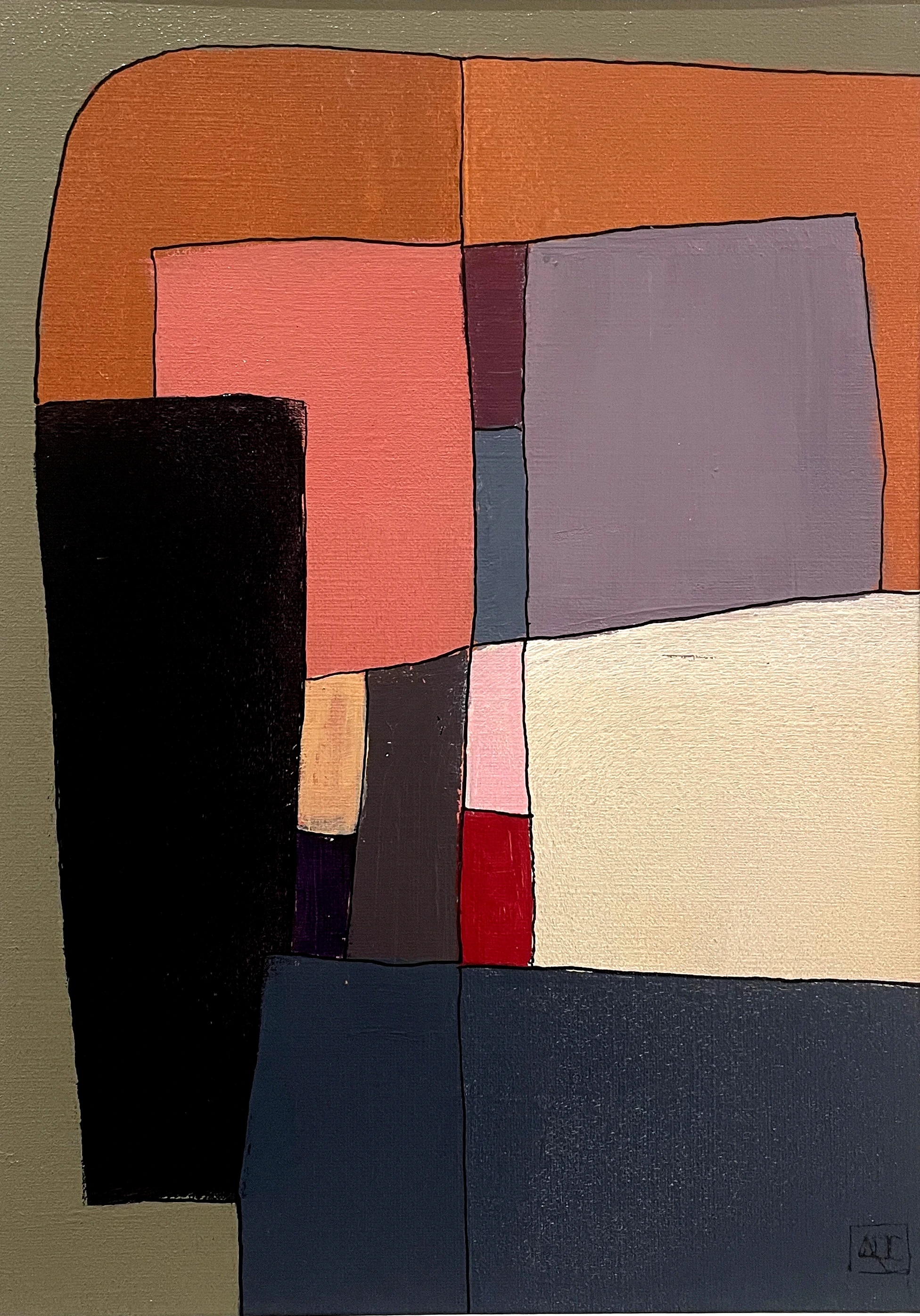 Ab7#11 - Variations 3 by Arnaud Quercy at Art Quam Anima — Acrylic Painting on Paper, Acrylic grid painting on paper: black, coral, slate blue, violet, red, and warm neutral blocks separated by black outlines.