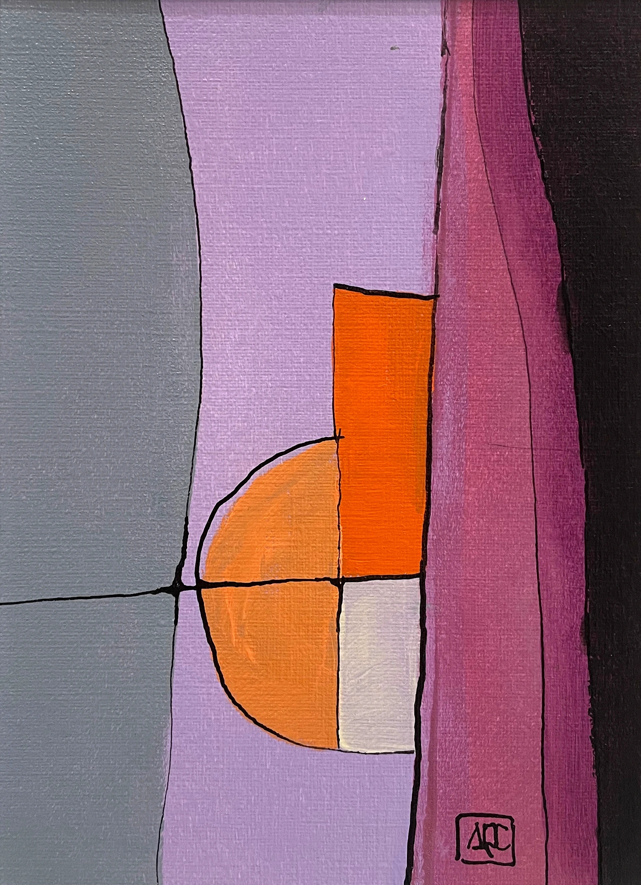 Bb Major - Variations 10 by Arnaud Quercy at Art Quam Anima — Acrylic Painting on Paper, Acrylic on paper, geometric color zones: orange rectangle, half-circle, violet and gray vertical bands with black outlines