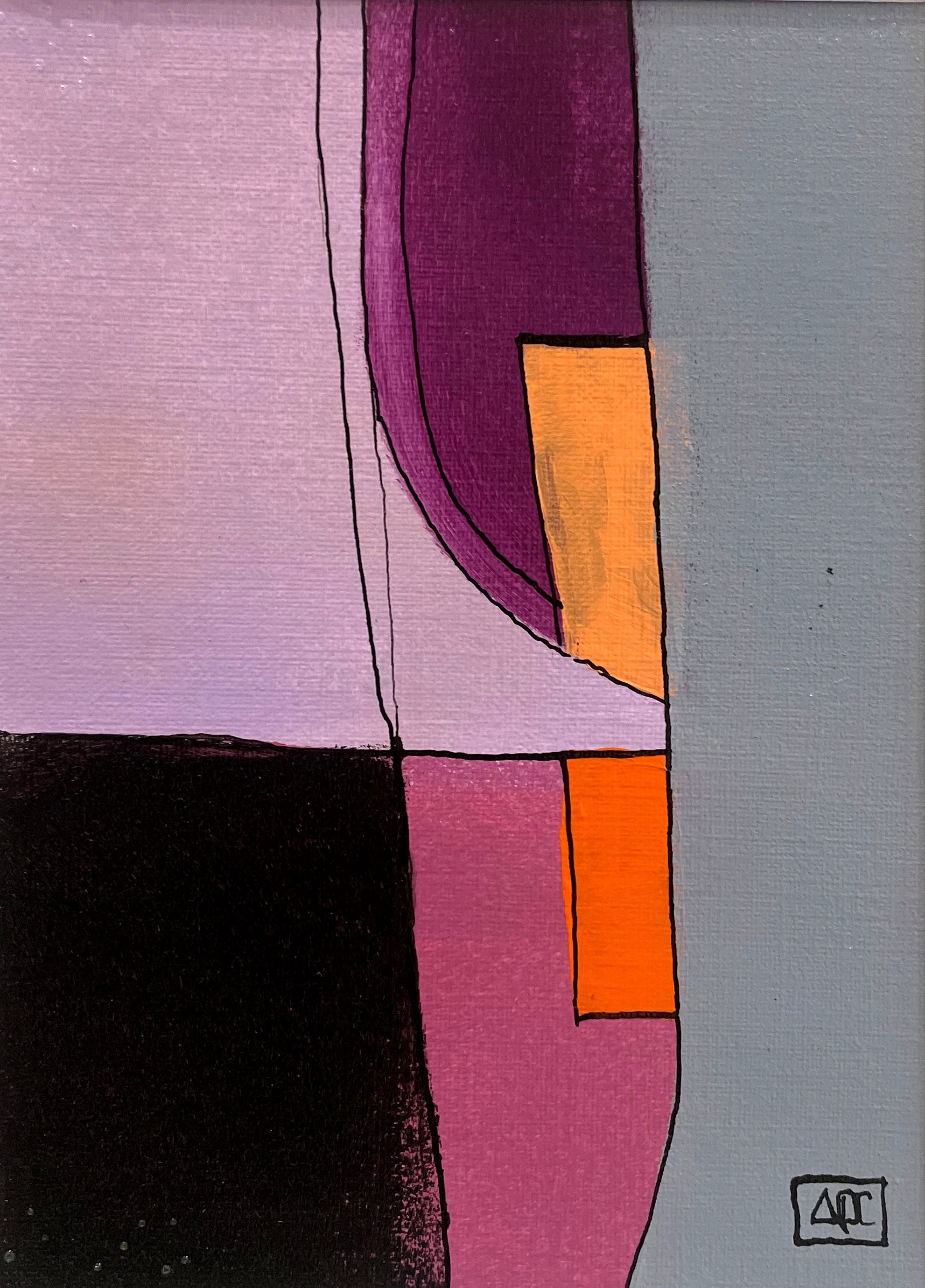 Bb Major - Variations 11 by Arnaud Quercy at Art Quam Anima — Acrylic Painting on Paper, Acrylic on paper: geometric color zones in violet, orange, black, and gray, structured by black line work on a warm neutral ground.