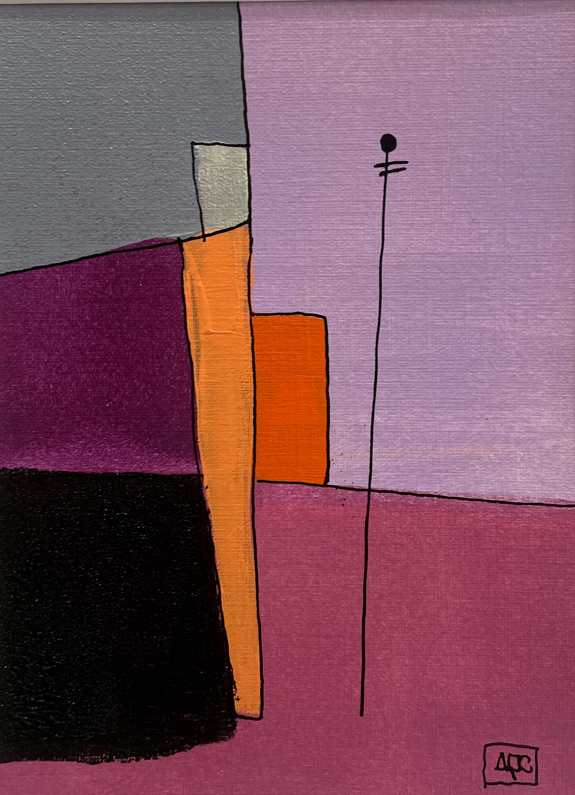 Bb Major - Variations 12 by Arnaud Quercy at Art Quam Anima — Acrylic Painting on Paper, Acrylic on paper: violet, orange, red-violet, and black geometric zones with a thin linear stem element, 18 × 13 cm