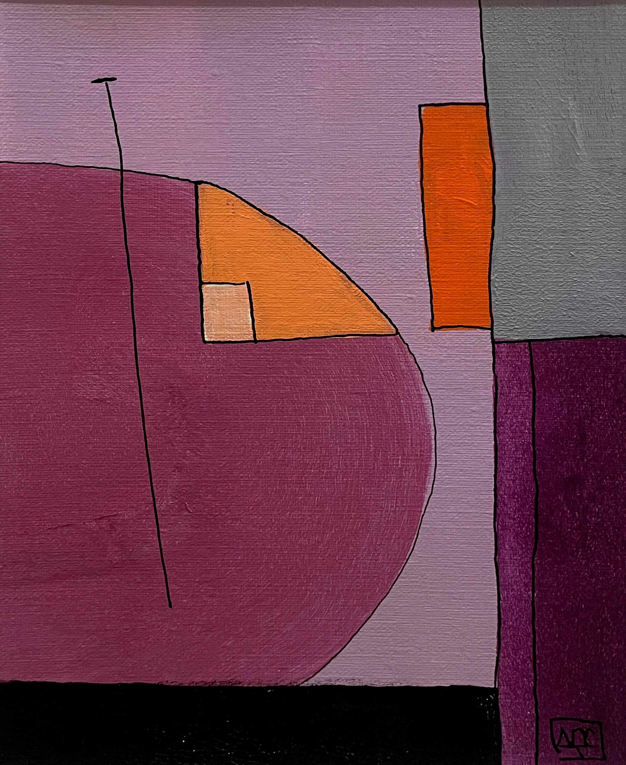 Bb Major - Variations 13 by Arnaud Quercy at Art Quam Anima — Acrylic Painting on Paper, Acrylic on paper: geometric violet, orange, gray-blue and near-black fields divided by thin black lines, 21 × 15 cm
