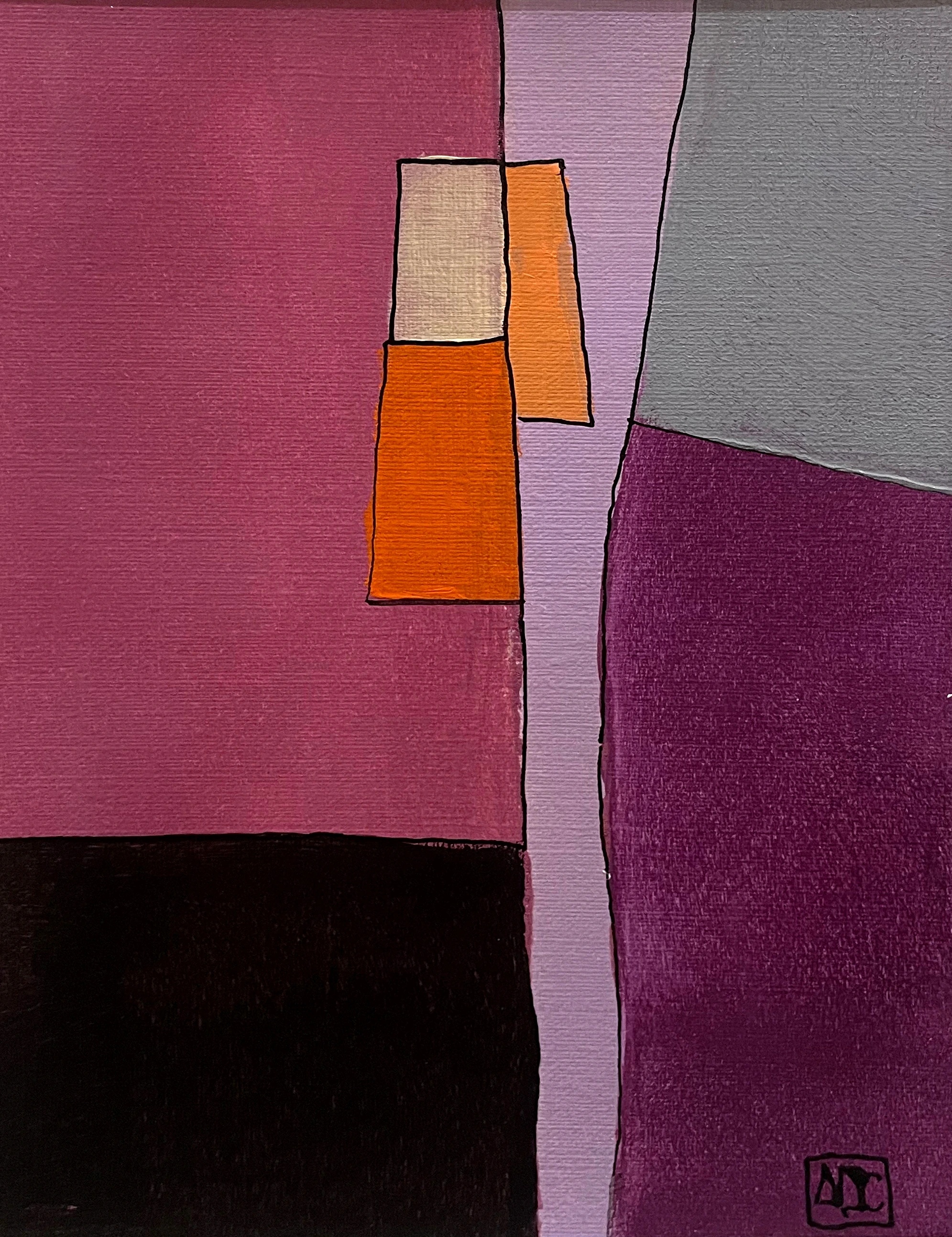Bb Major - Variations 15 by Arnaud Quercy at Art Quam Anima — Acrylic Painting on Paper, Acrylic on paper: warm orange and violet-red geometric fields with black grounding, small vertical format, Paris 2026