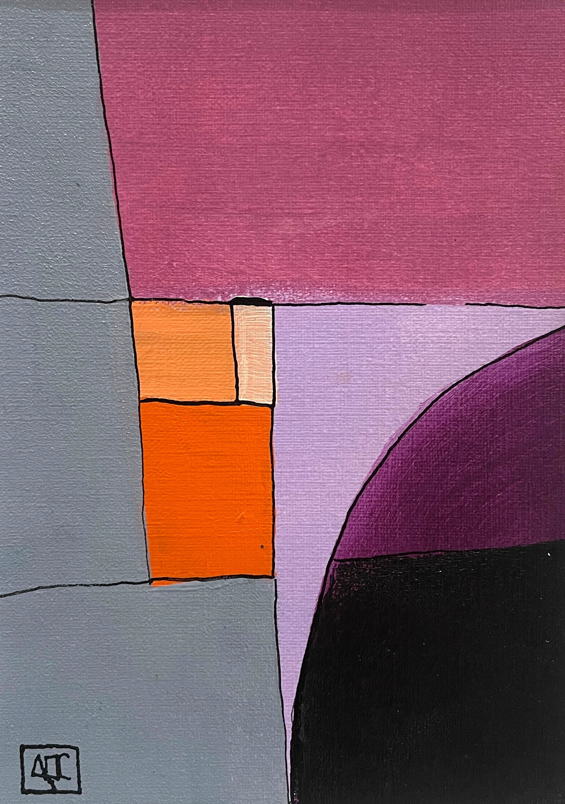 Bb Major - Variations 21 by Arnaud Quercy at Art Quam Anima — Acrylic Painting on Paper, Acrylic on paper: geometric color zones in warm gray, dusty mauve, grayish purple, orange, and near-black, 18 × 13 cm