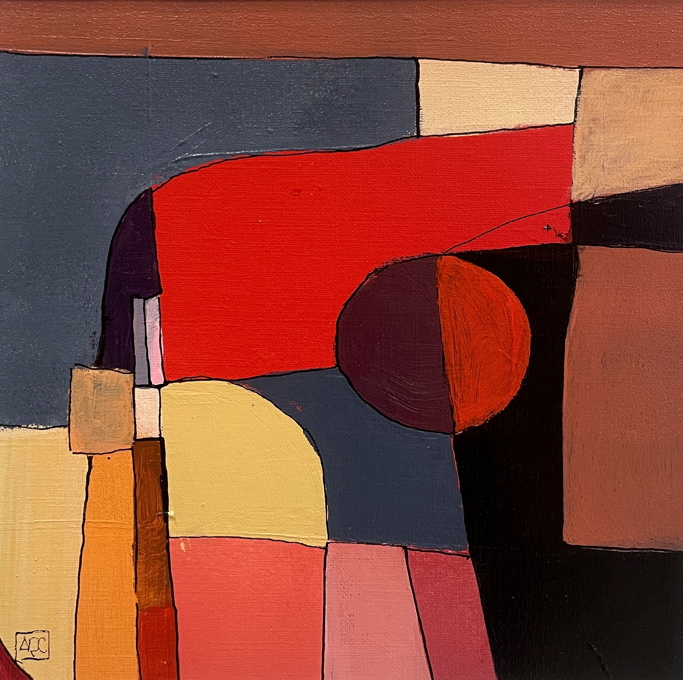 C Major - Variations 21 by Arnaud Quercy at Art Quam Anima — Acrylic Painting on Paper, Acrylic on paper: geometric forms in warm yellow-orange, red toward black, russet and grayish purple on a square ground.