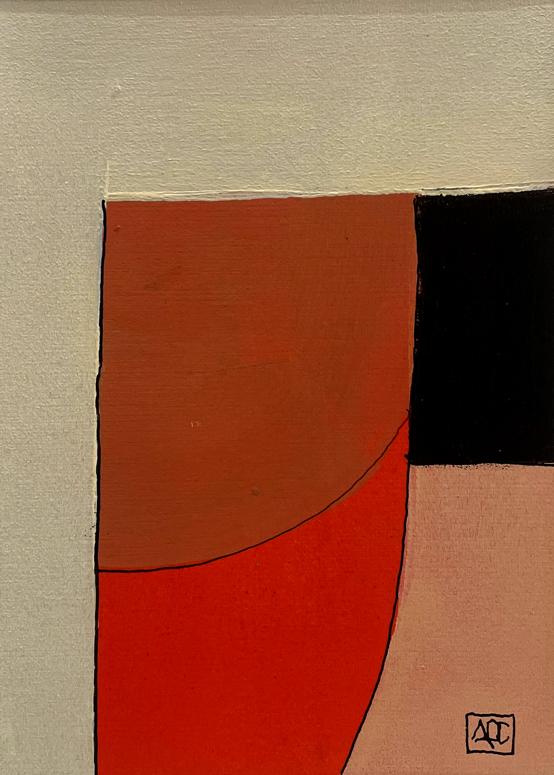 C Octaves - Reflections 44 by Arnaud Quercy at Art Quam Anima — Acrylic Painting on Paper, Acrylic on paper: terracotta, red-orange, black rectangle, and blush-pink geometric fields in vertical composition