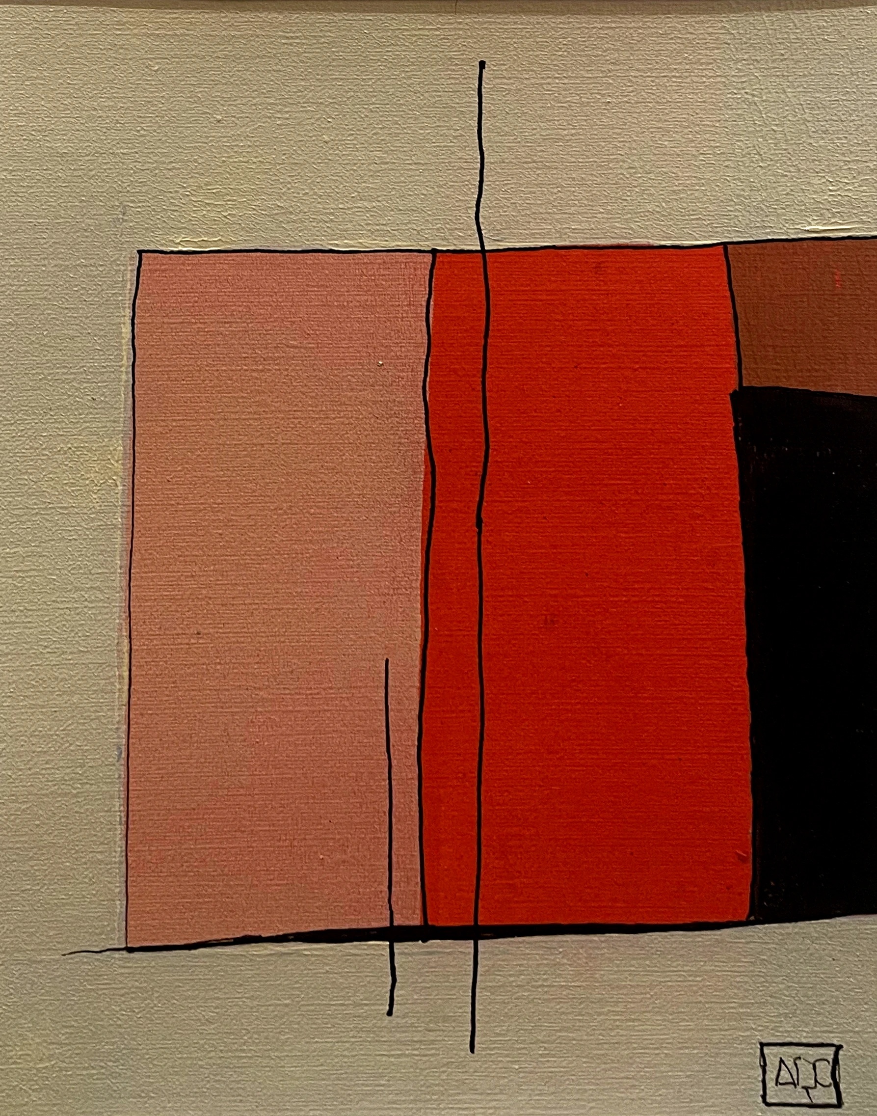 C Octaves - Reflections 46 by Arnaud Quercy at Art Quam Anima — Acrylic Painting on Paper, Acrylic on paper: pale green field, pink and red-orange vertical blocks, near-black accent, thin black vertical line bisecting composition.