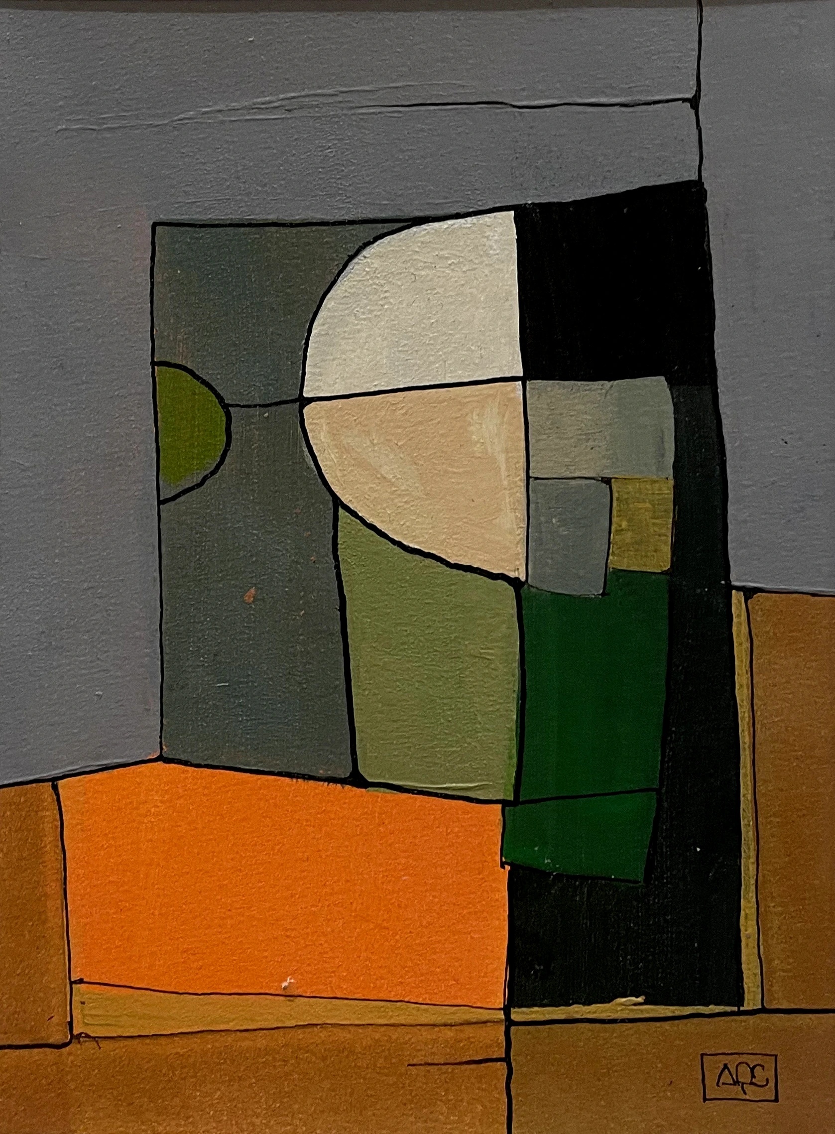 D Major - Variations 16 by Arnaud Quercy at Art Quam Anima — Acrylic Painting on Paper, Acrylic on paper, geometric grid: warm grays, deep greens, orange band, near-black edges, pale center zone, vertical format