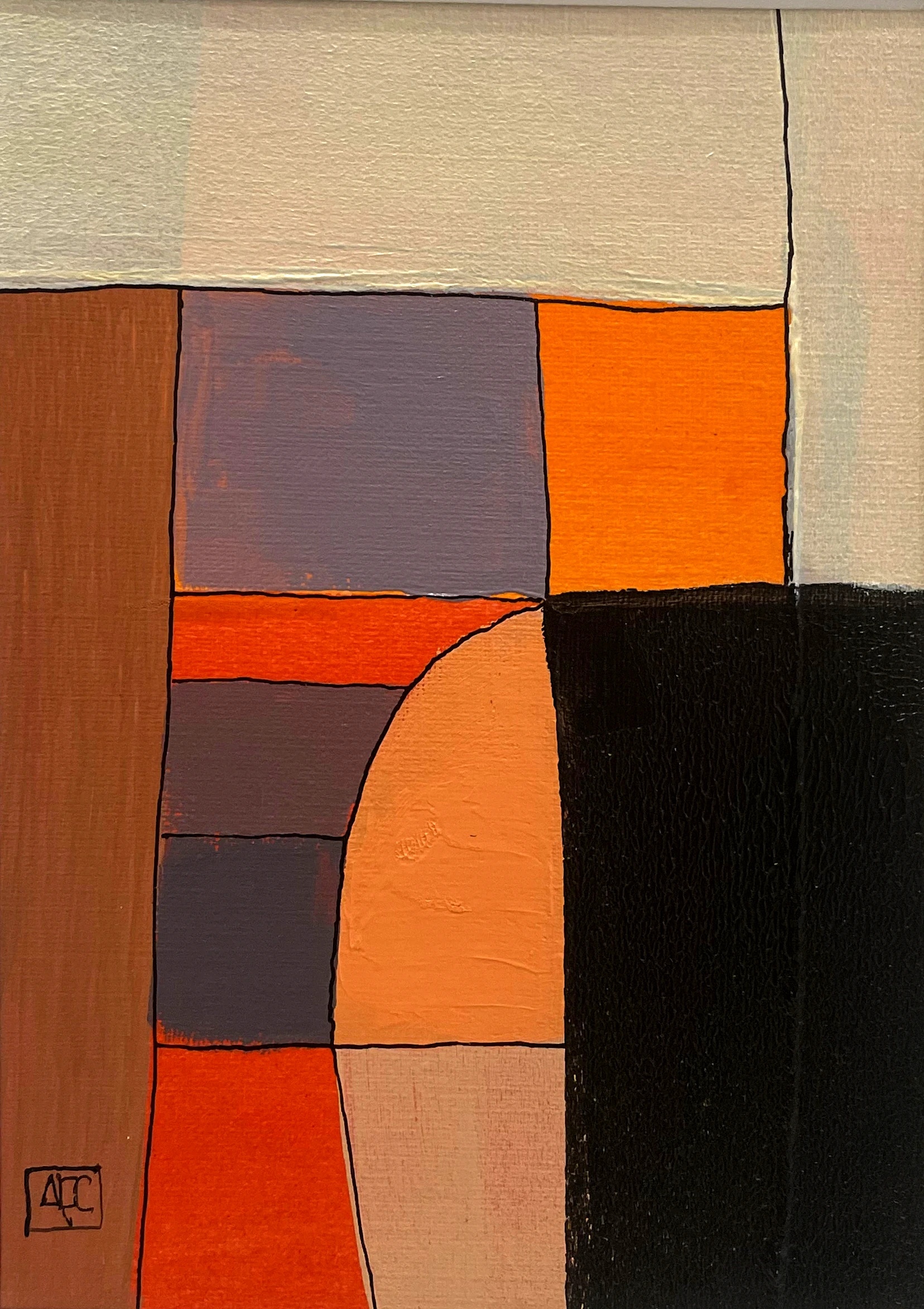 D Minor 7 - Variations 1 by Arnaud Quercy at Art Quam Anima — Acrylic Painting on Paper, Acrylic on paper: vertical color grid with orange, russet, red-violet, and black fields, curved form at lower center, black outlines