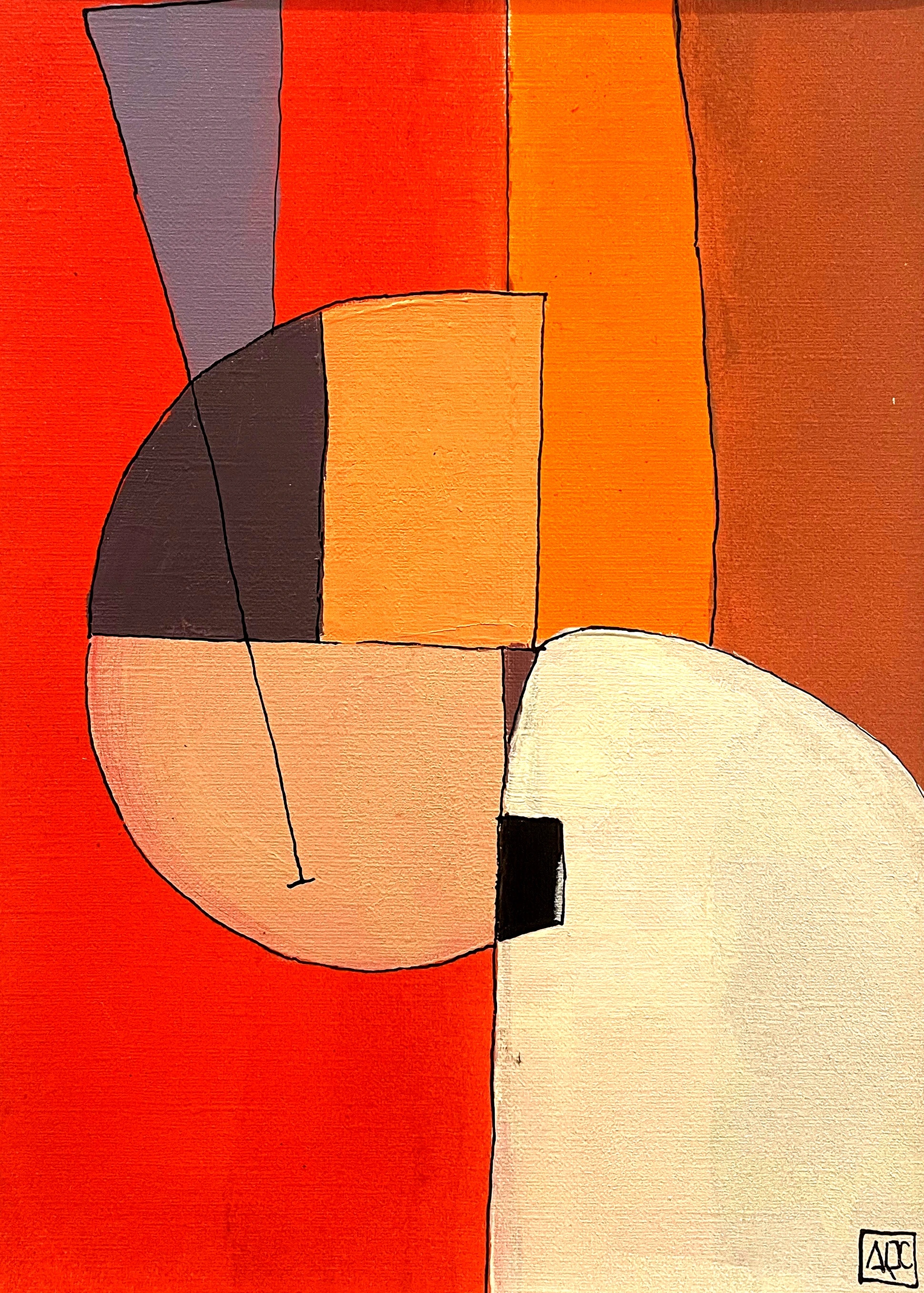 D Minor 7 - Variations 10 by Arnaud Quercy at Art Quam Anima — Acrylic Painting on Paper, Acrylic painting on paper: interlocking circle and rectangles in yellow-orange, russet red, and orange with dark outlines