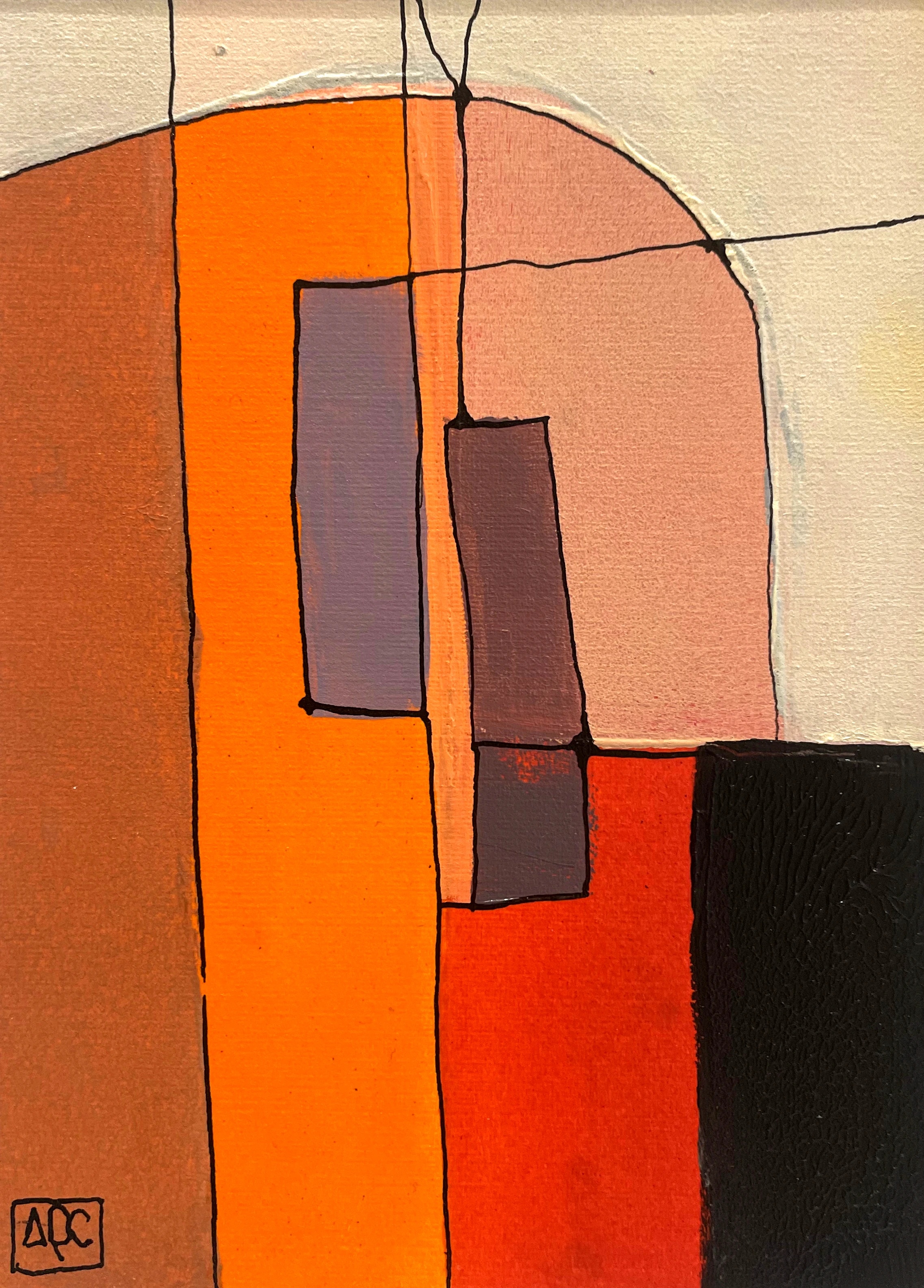 D Minor 7 - Variations 2 by Arnaud Quercy at Art Quam Anima — Acrylic Painting on Paper, Acrylic on paper: geometric orange, red-violet, and near-black color blocks with black outlines on warm ground, 18 × 13 cm
