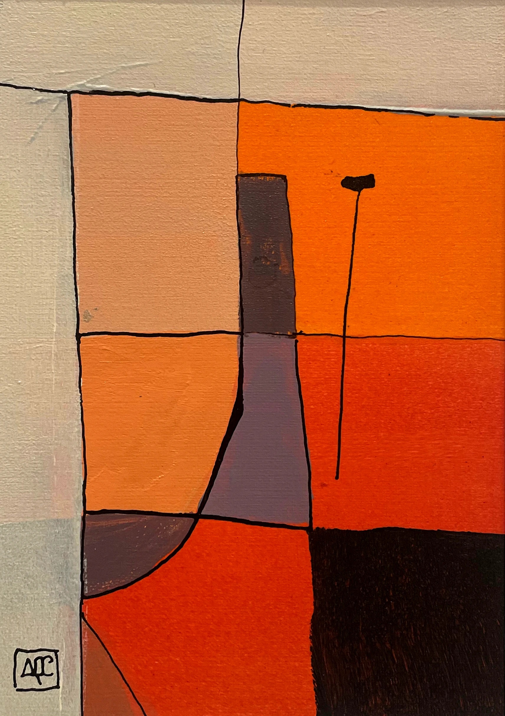 D Minor 7 - Variations 3 by Arnaud Quercy at Art Quam Anima — Acrylic Painting on Paper, Acrylic on paper: orange, red-orange and gray-violet grid fields with central vessel form and single vertical line, black dividers
