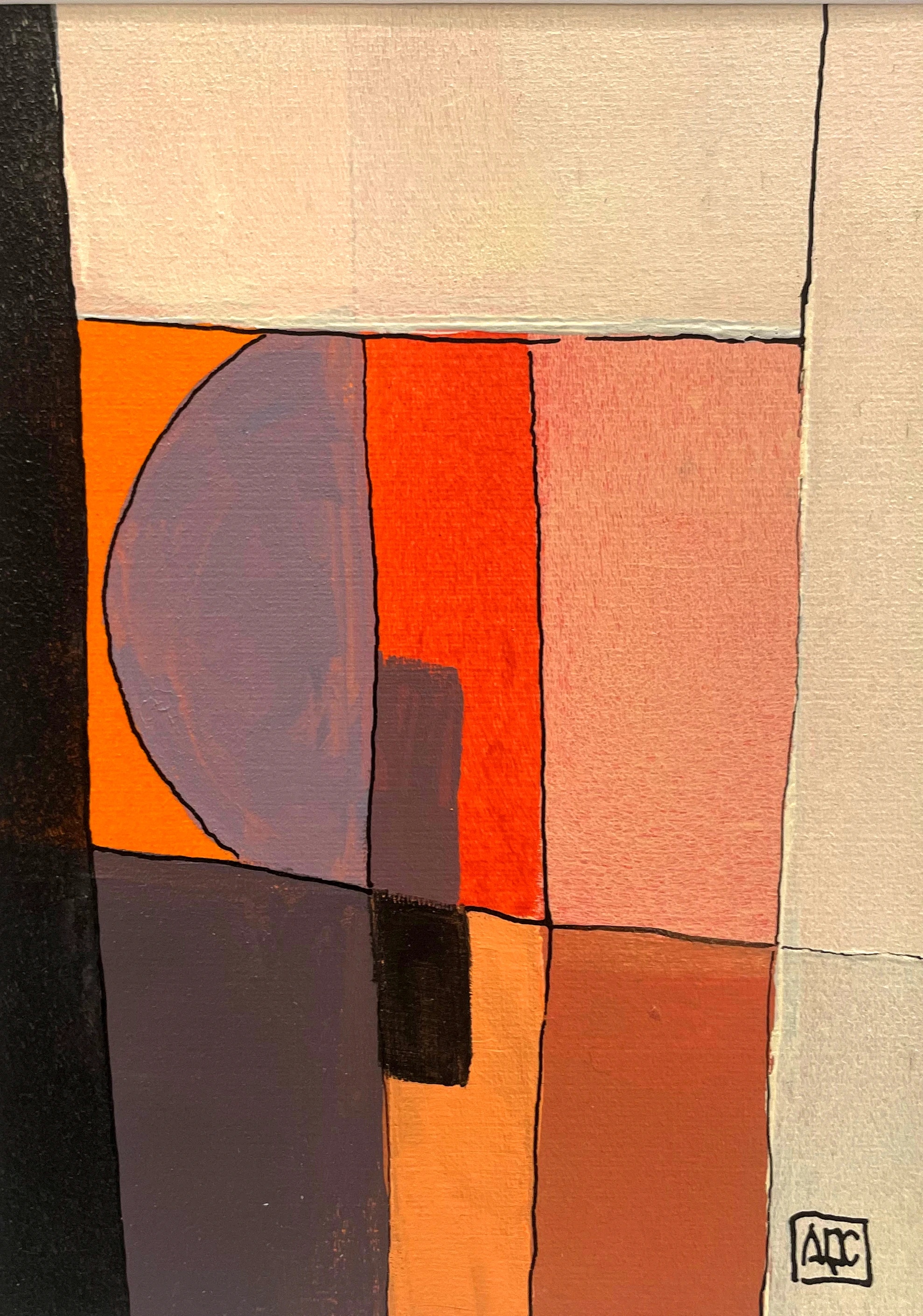 D Minor 7 - Variations 4 by Arnaud Quercy at Art Quam Anima — Acrylic Painting on Paper, Acrylic on paper: geometric color zones in orange, lavender-gray, firebrick red, and warm neutrals, divided by black outlines.