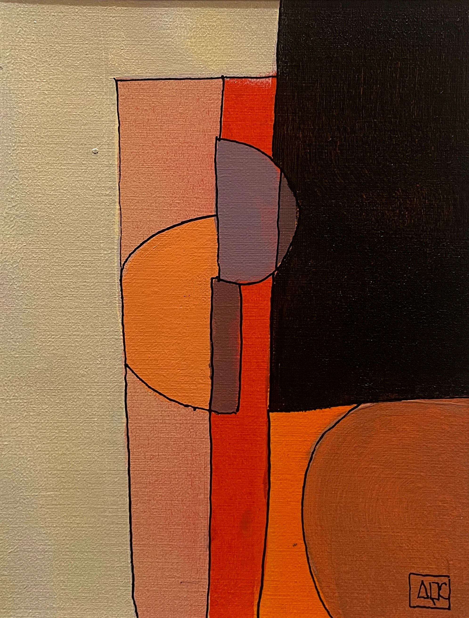D Minor 7 - Variations 5 by Arnaud Quercy at Art Quam Anima — Acrylic Painting on Paper, Acrylic on paper: vertical bands and partial circles in tan, red-orange, red-violet, yellow-orange and black, 21 × 15 cm