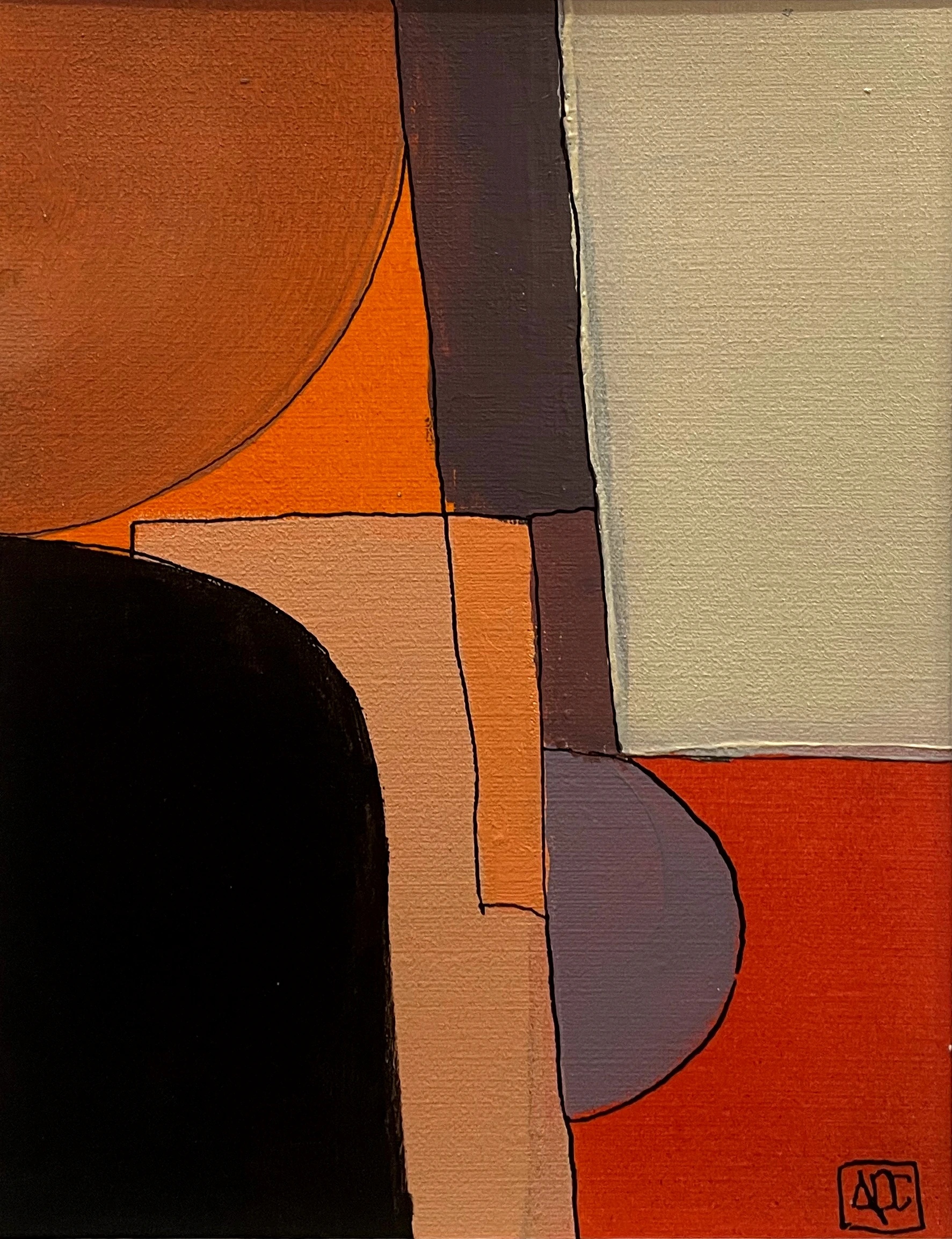D Minor 7 - Variations 6 by Arnaud Quercy at Art Quam Anima — Acrylic Painting on Paper, Acrylic on paper: geometric color blocks in orange, black, red-violet and tan, divided by a vertical purple-gray bar.