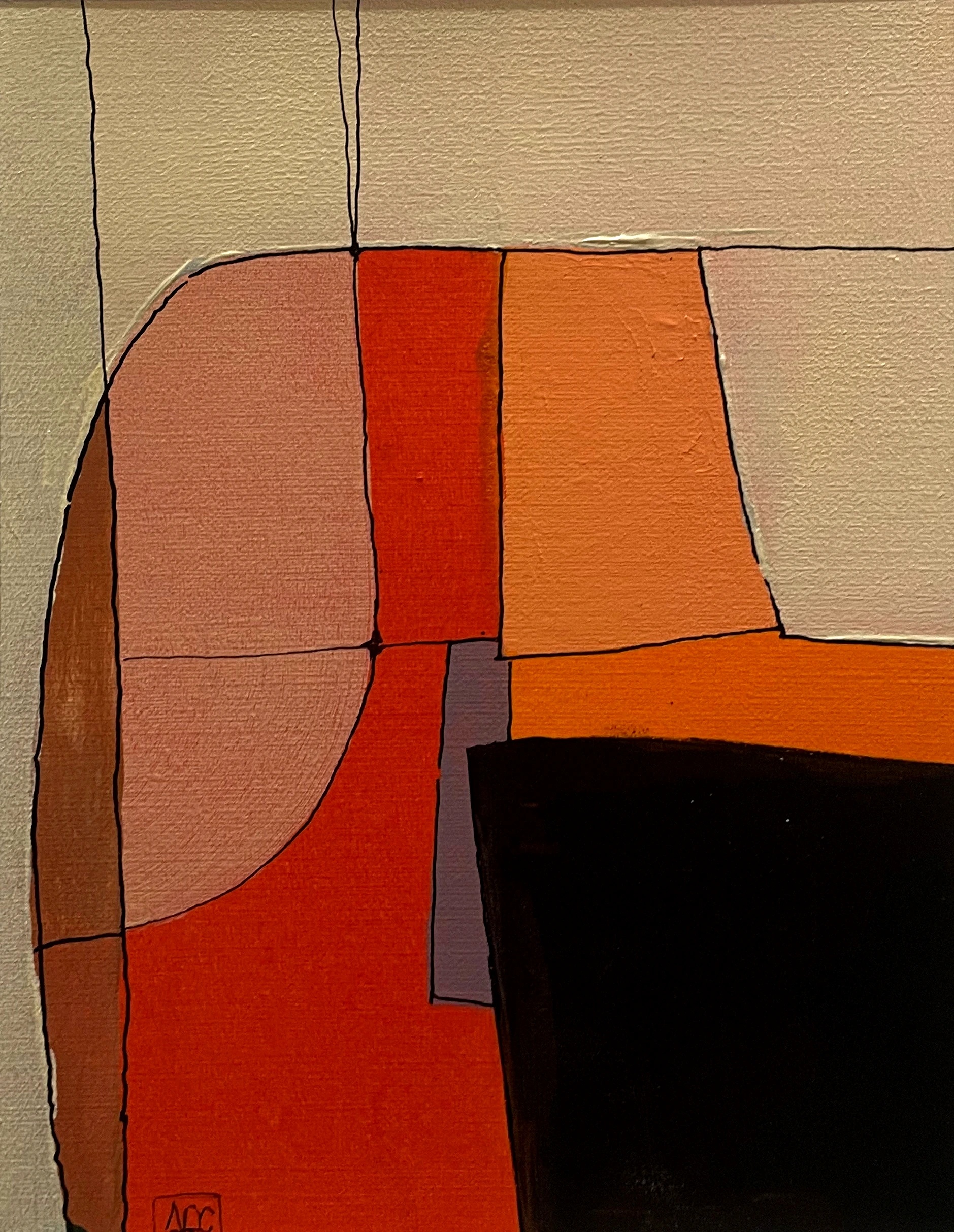 D Minor 7 - Variations 7 by Arnaud Quercy at Art Quam Anima — Acrylic Painting on Paper, Acrylic on paper: geometric color blocks in yellow-orange, red, orange, and black with black outlines on warm ground