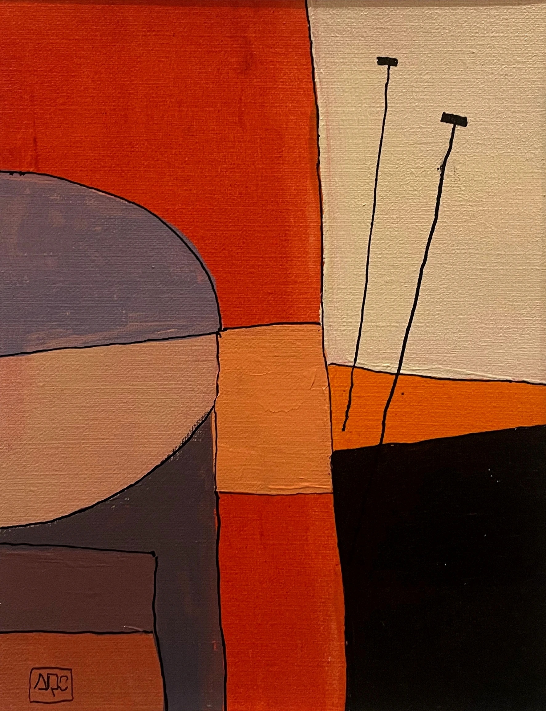 D Minor 7 - Variations 8 by Arnaud Quercy at Art Quam Anima — Acrylic Painting on Paper, Acrylic on paper: flat color blocks in yellow-orange, red-orange, violet-gray and black with two diagonal lines on cream field.