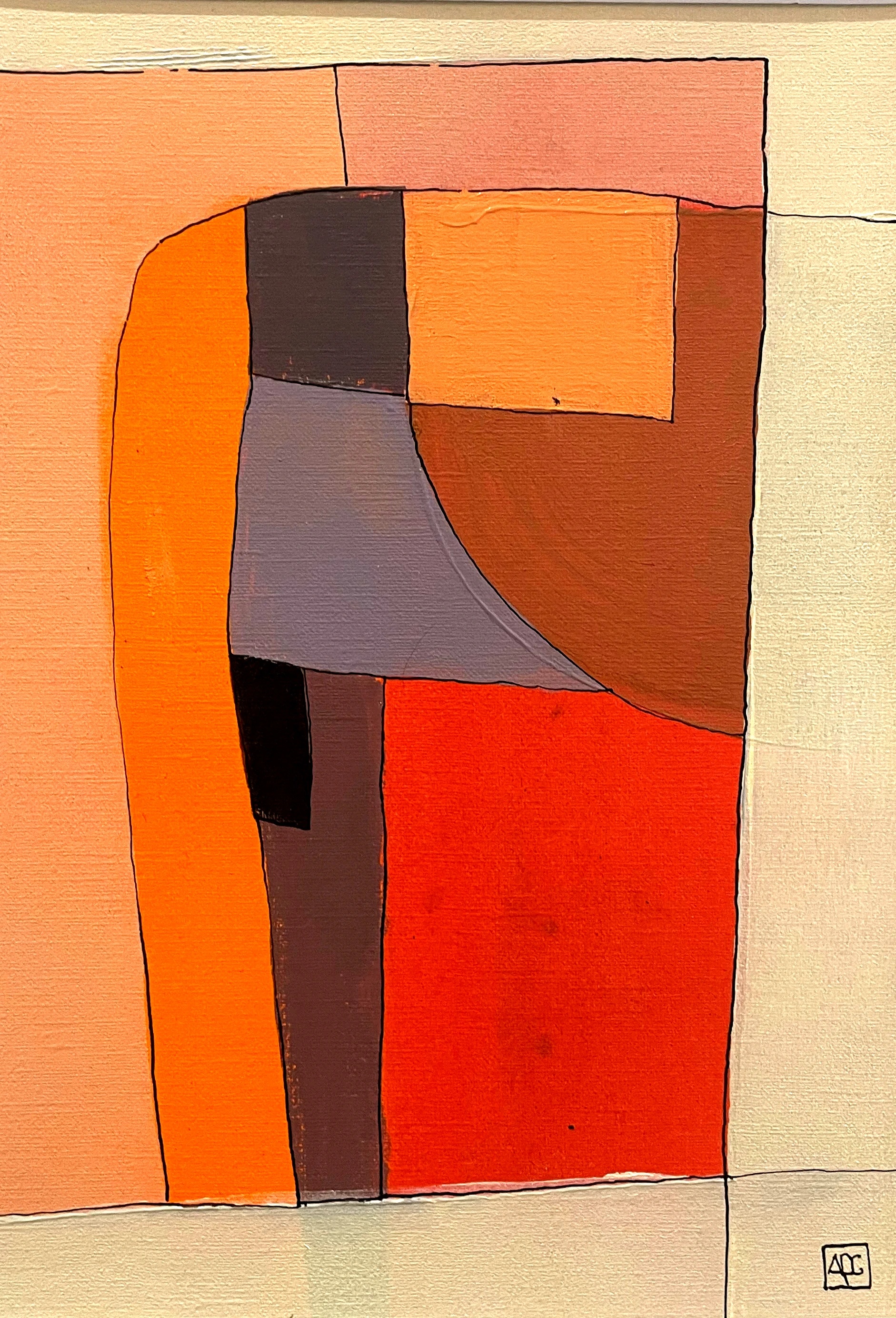 D Minor 7 - Variations 9 by Arnaud Quercy at Art Quam Anima — Acrylic Painting on Paper, Acrylic painting on paper: orange, red-orange, lavender-grey and burnt sienna geometric zones with near-black contour lines